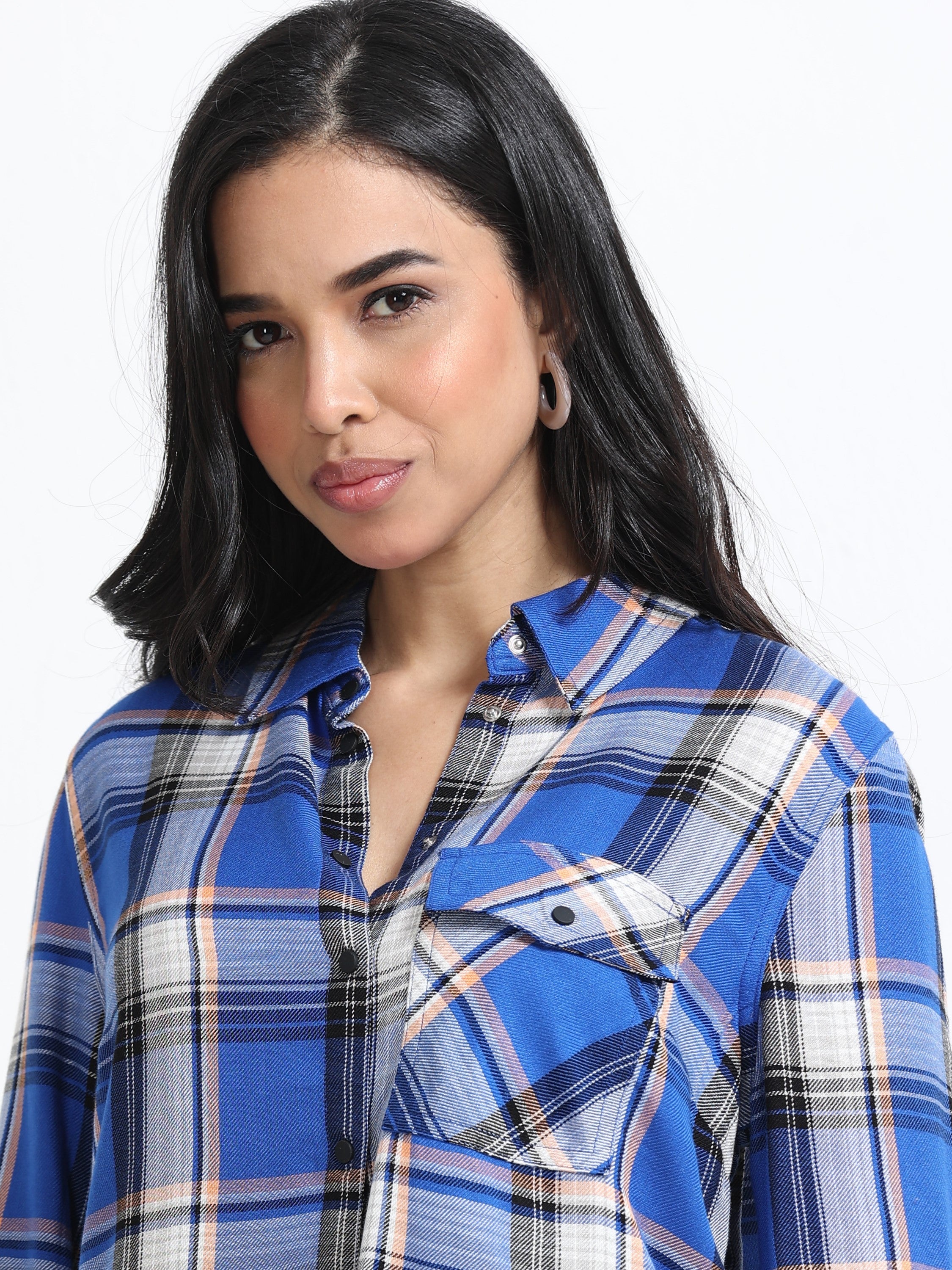 Women Relaxed Fit Blue Checked Shirt