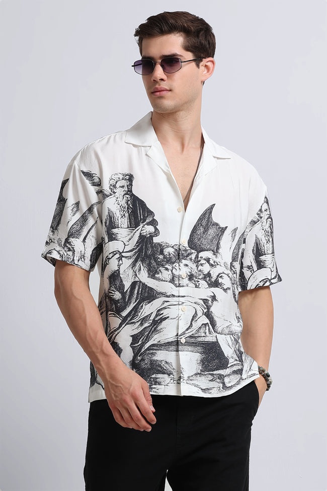 Men Grey Oversized Graphic Print Shirt