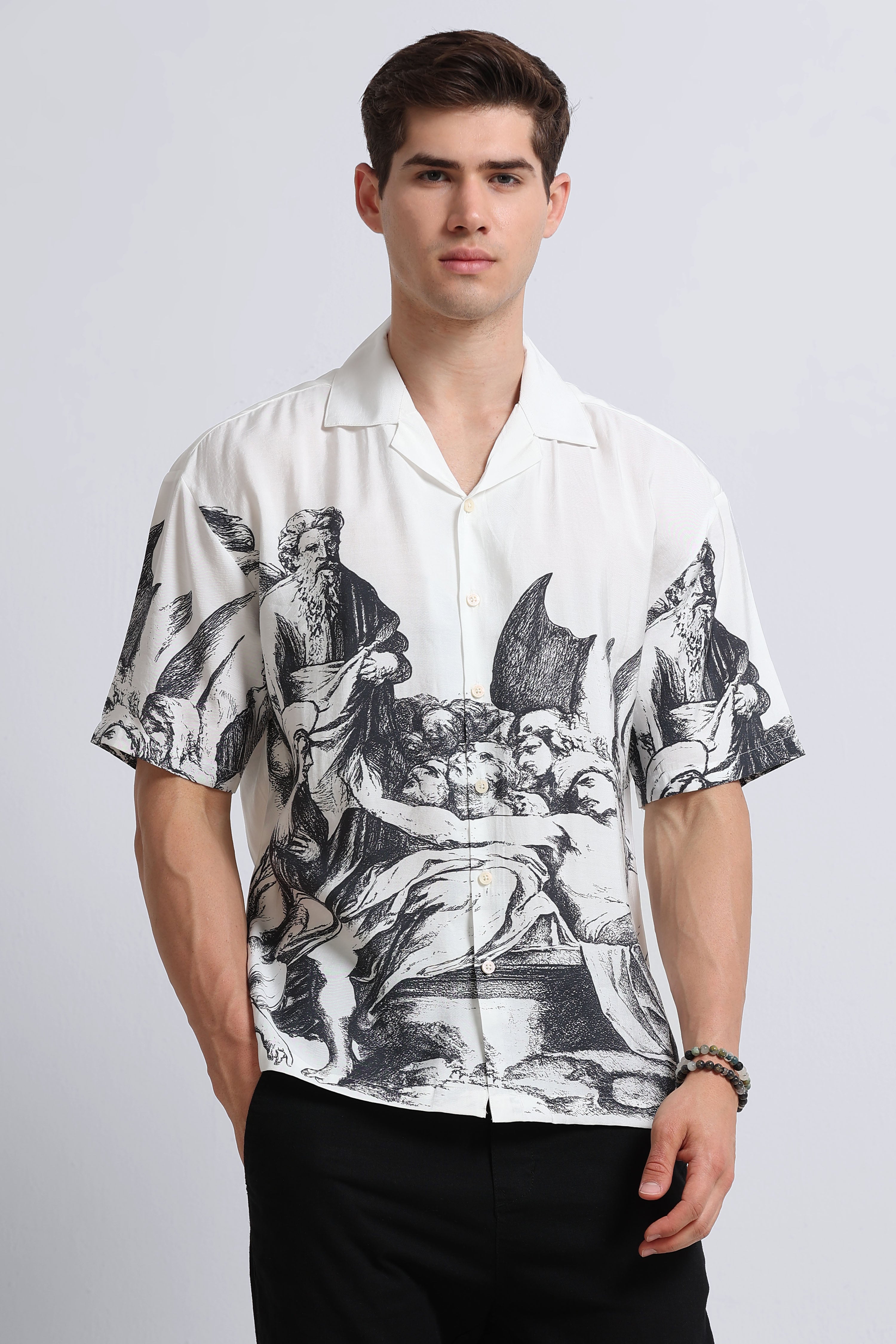 Men Grey Oversized Graphic Print Shirt