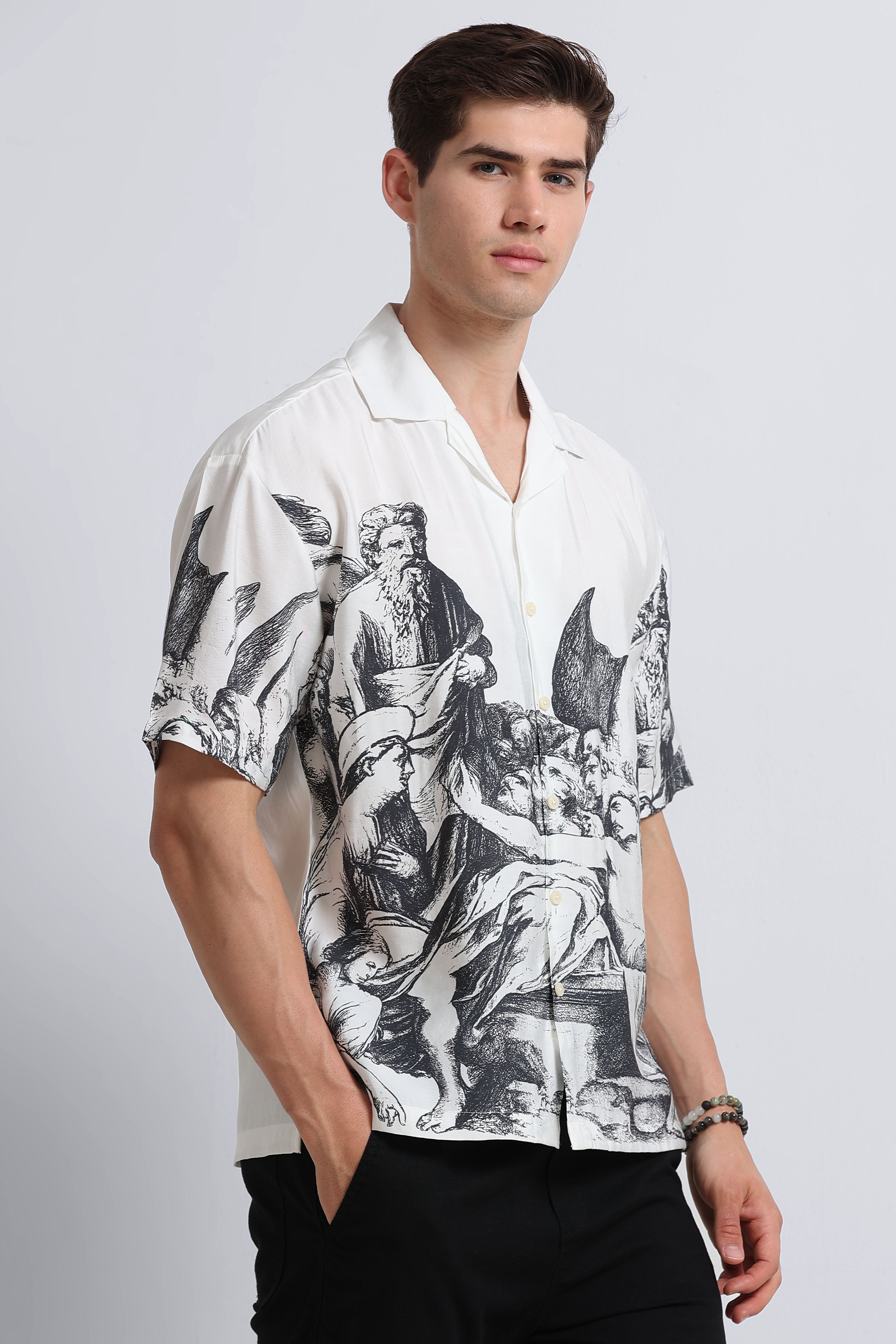 Men Grey Oversized Graphic Print Shirt