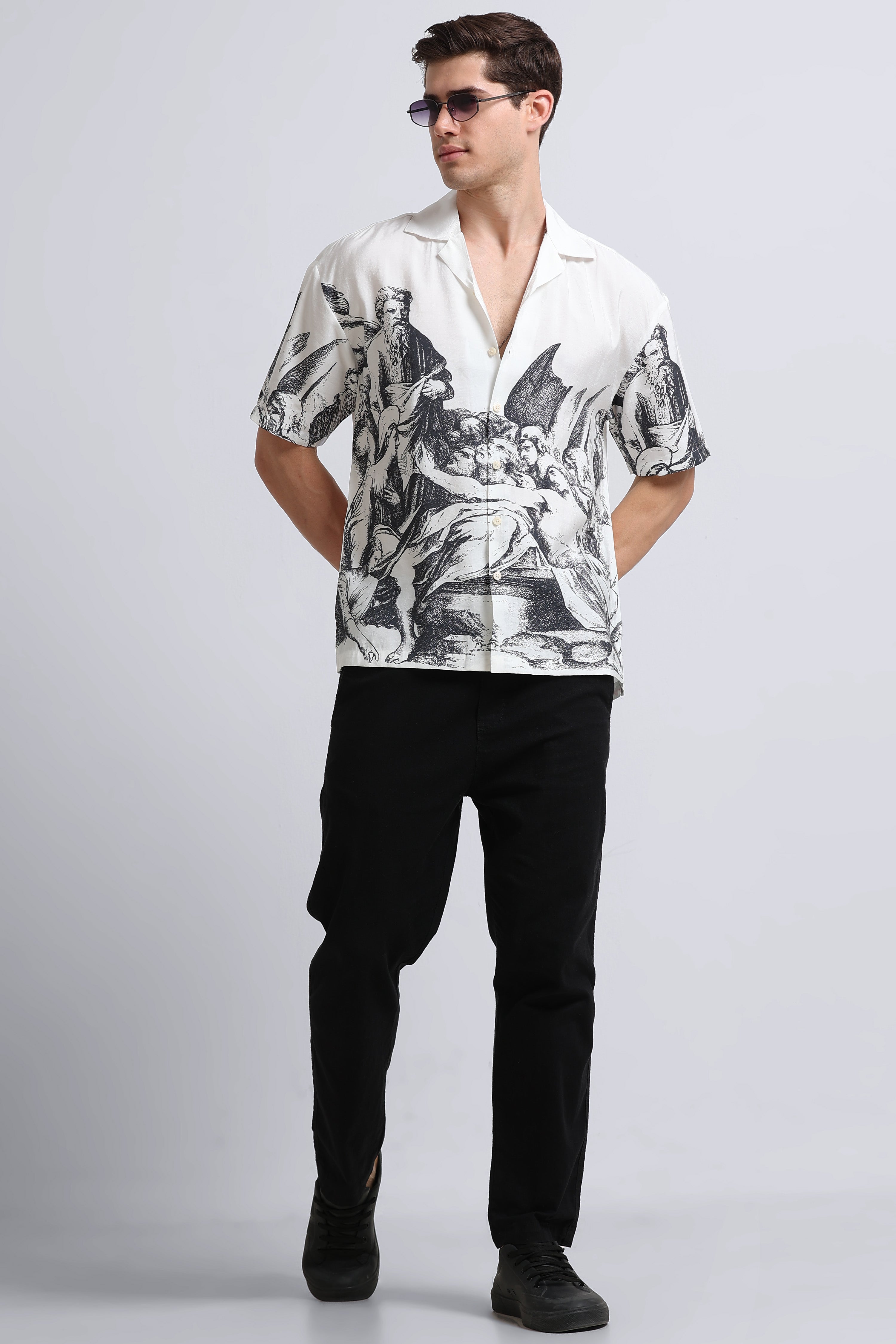 Men Grey Oversized Graphic Print Shirt