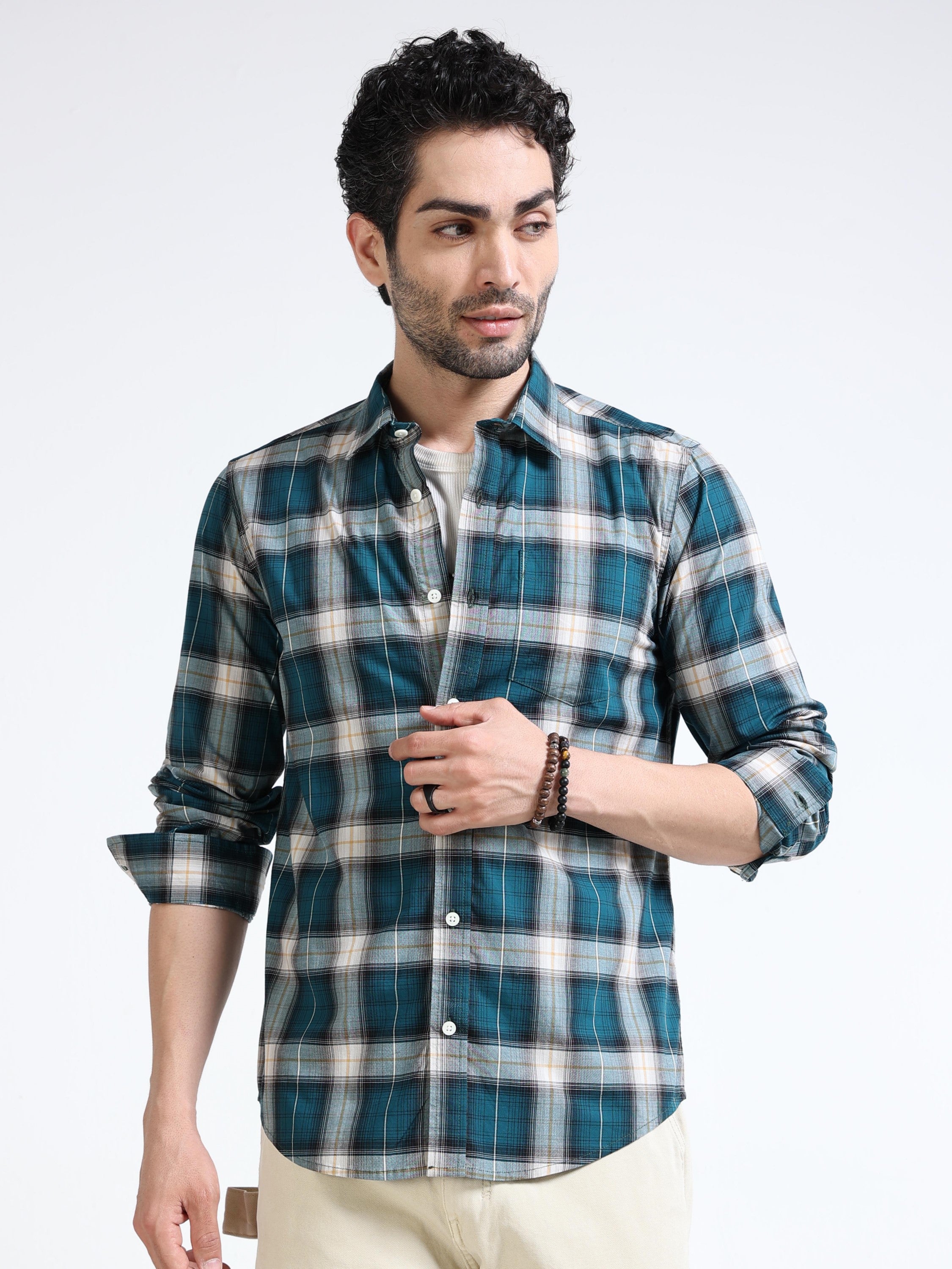 Men Green Plaid Regular Fit Shirt
