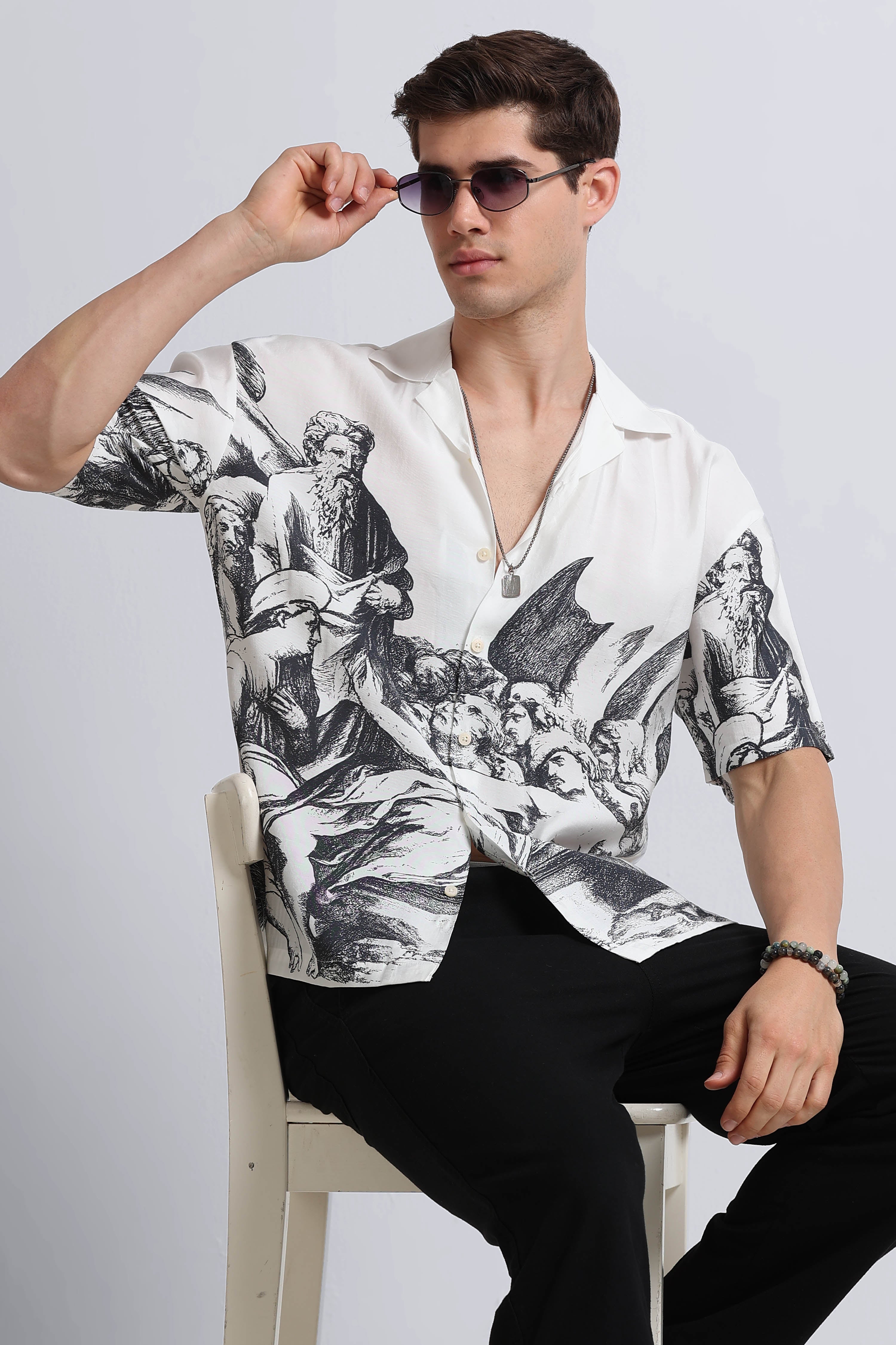 Men Grey Oversized Graphic Print Shirt