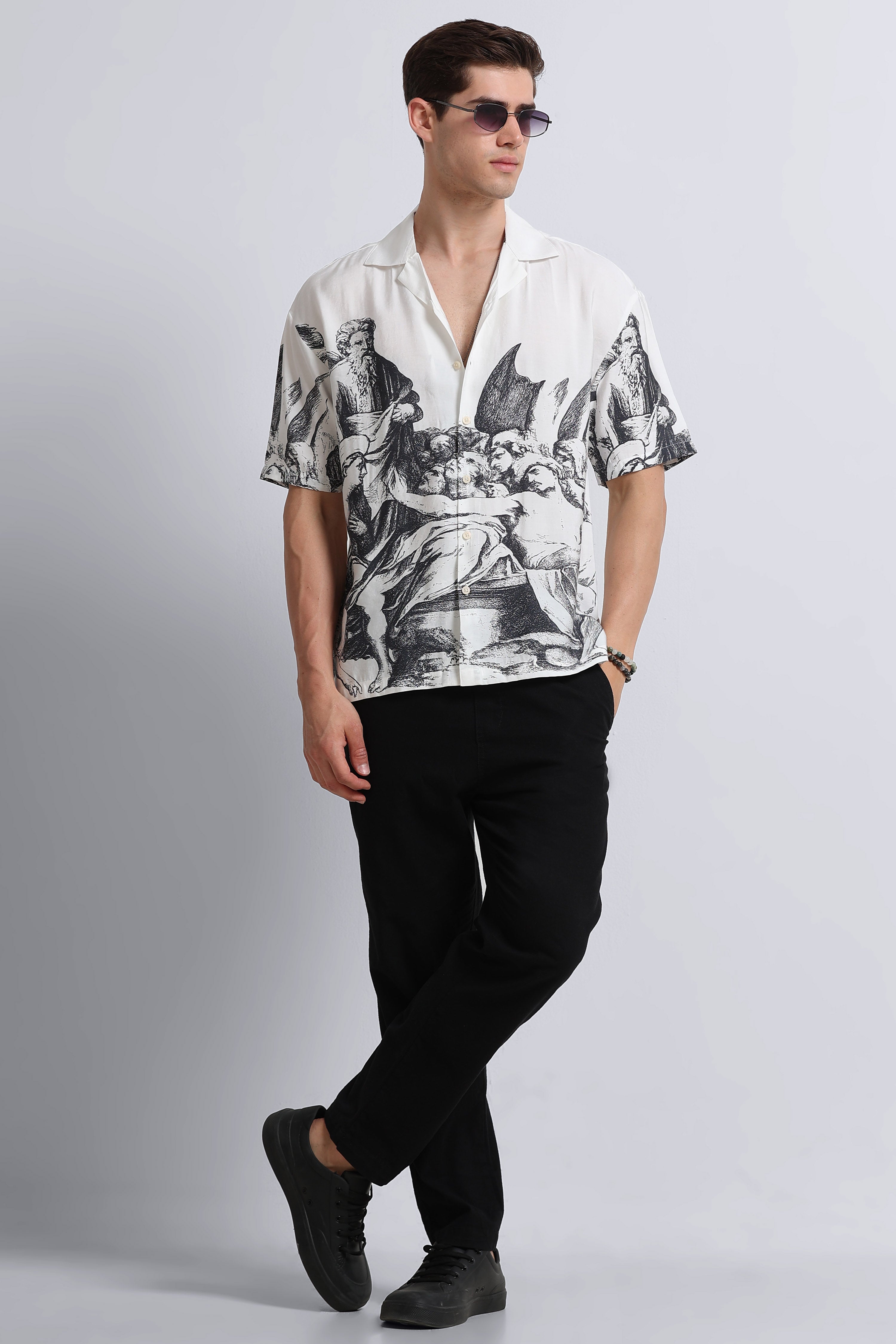 Men Grey Oversized Graphic Print Shirt