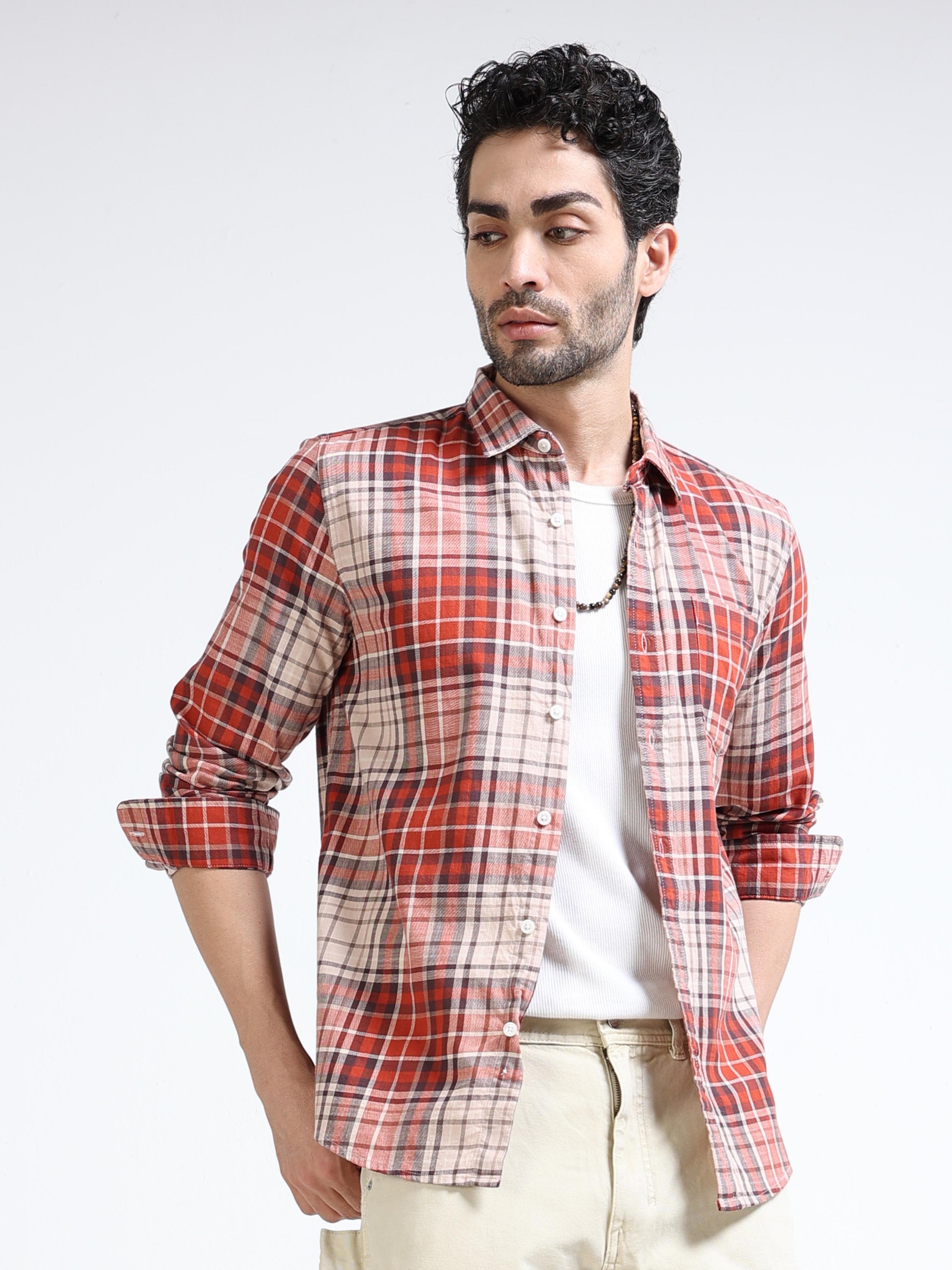 Men Orange Regular Fit Check Shirt