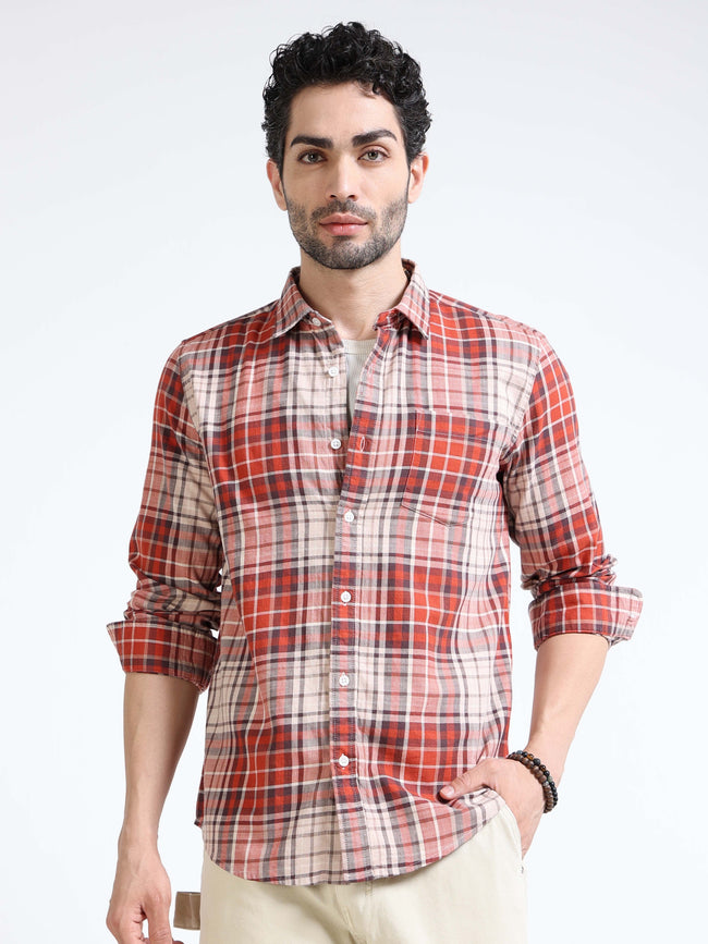 Men Orange Regular Fit Check Shirt