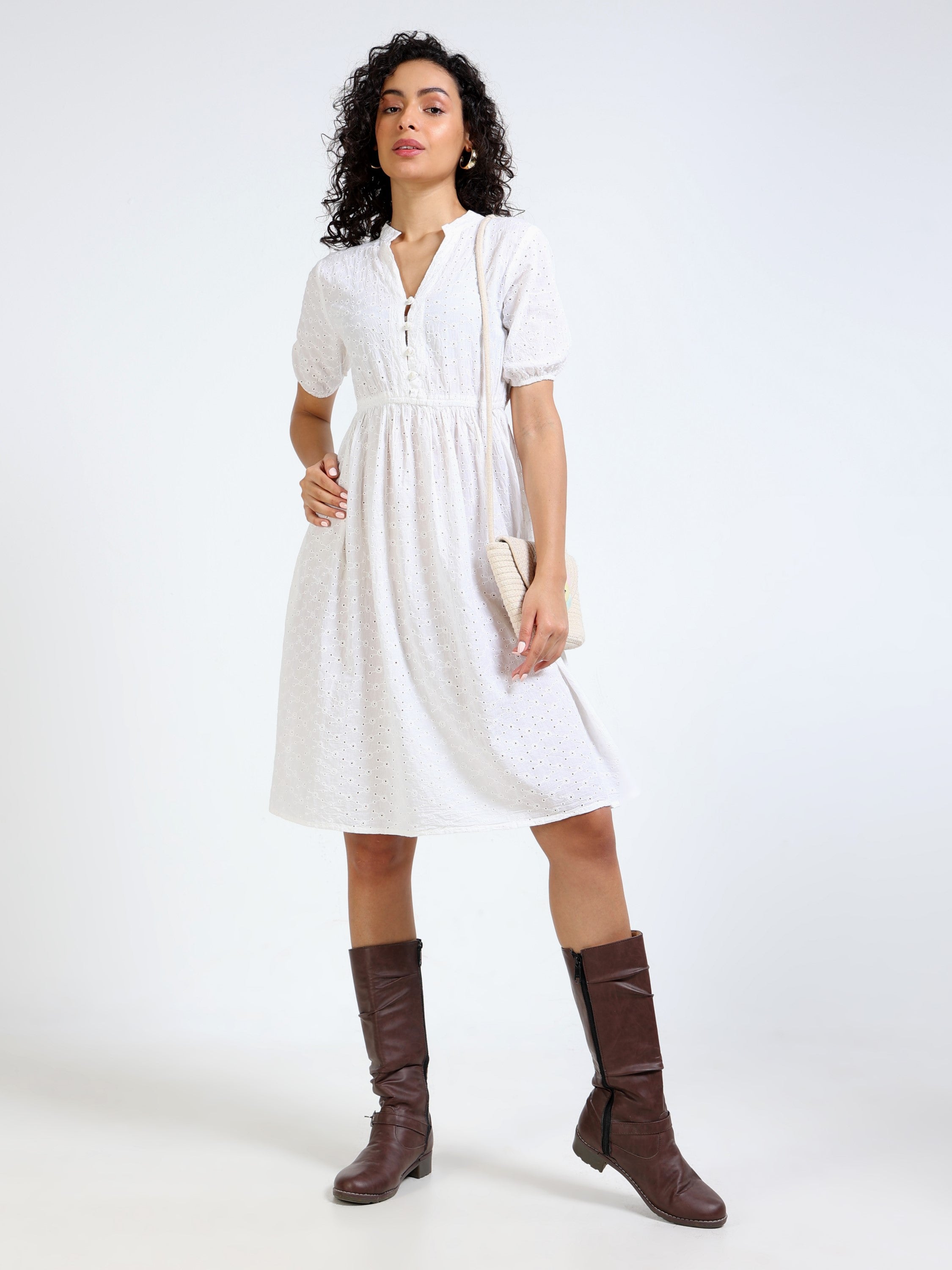 Women White Shiffli Midi Dress