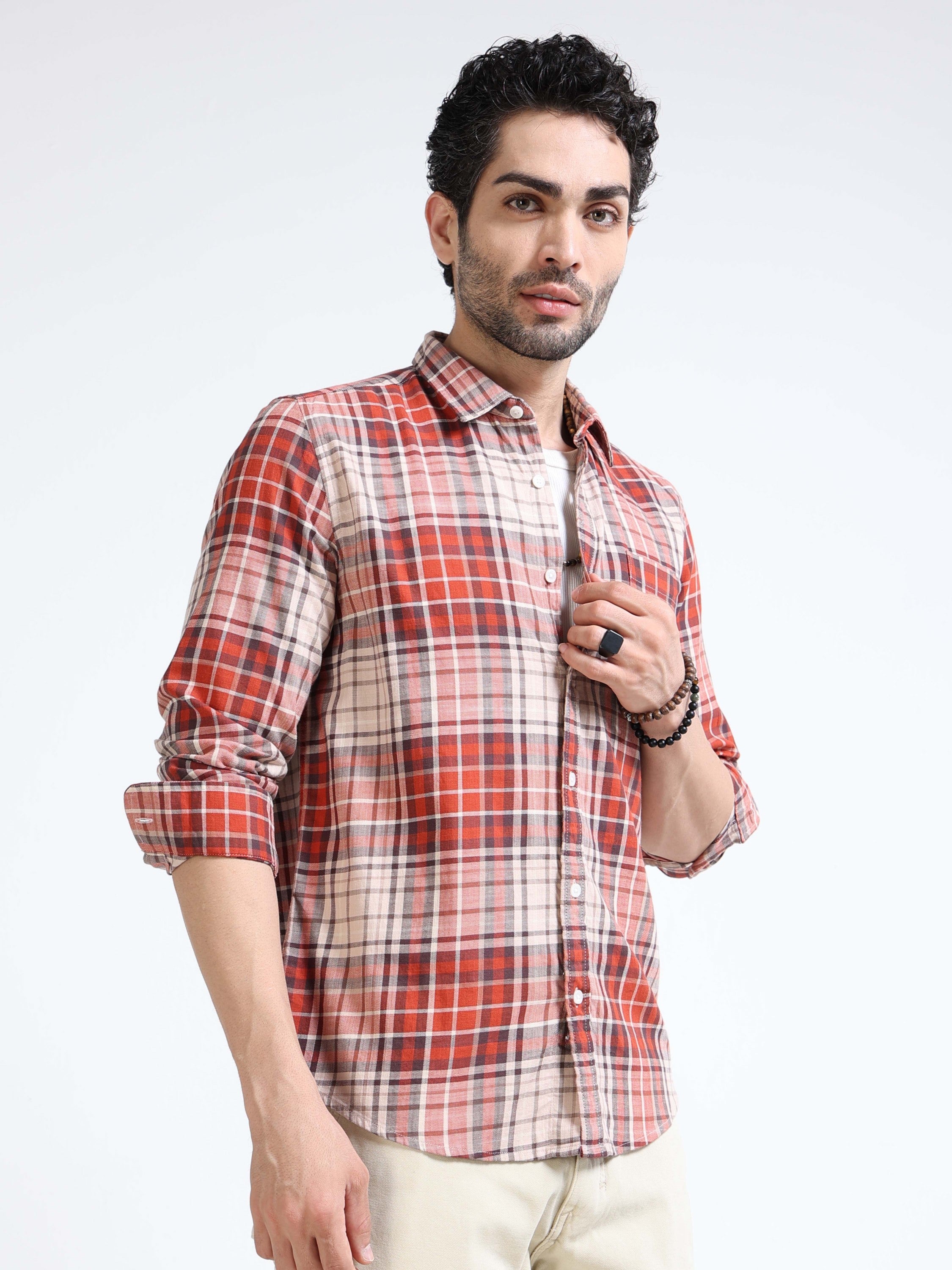 Men Orange Regular Fit Check Shirt