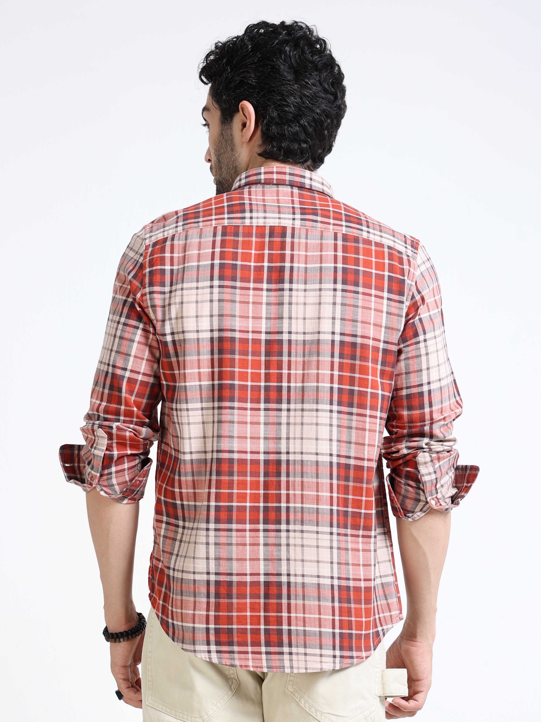 Men Orange Regular Fit Check Shirt