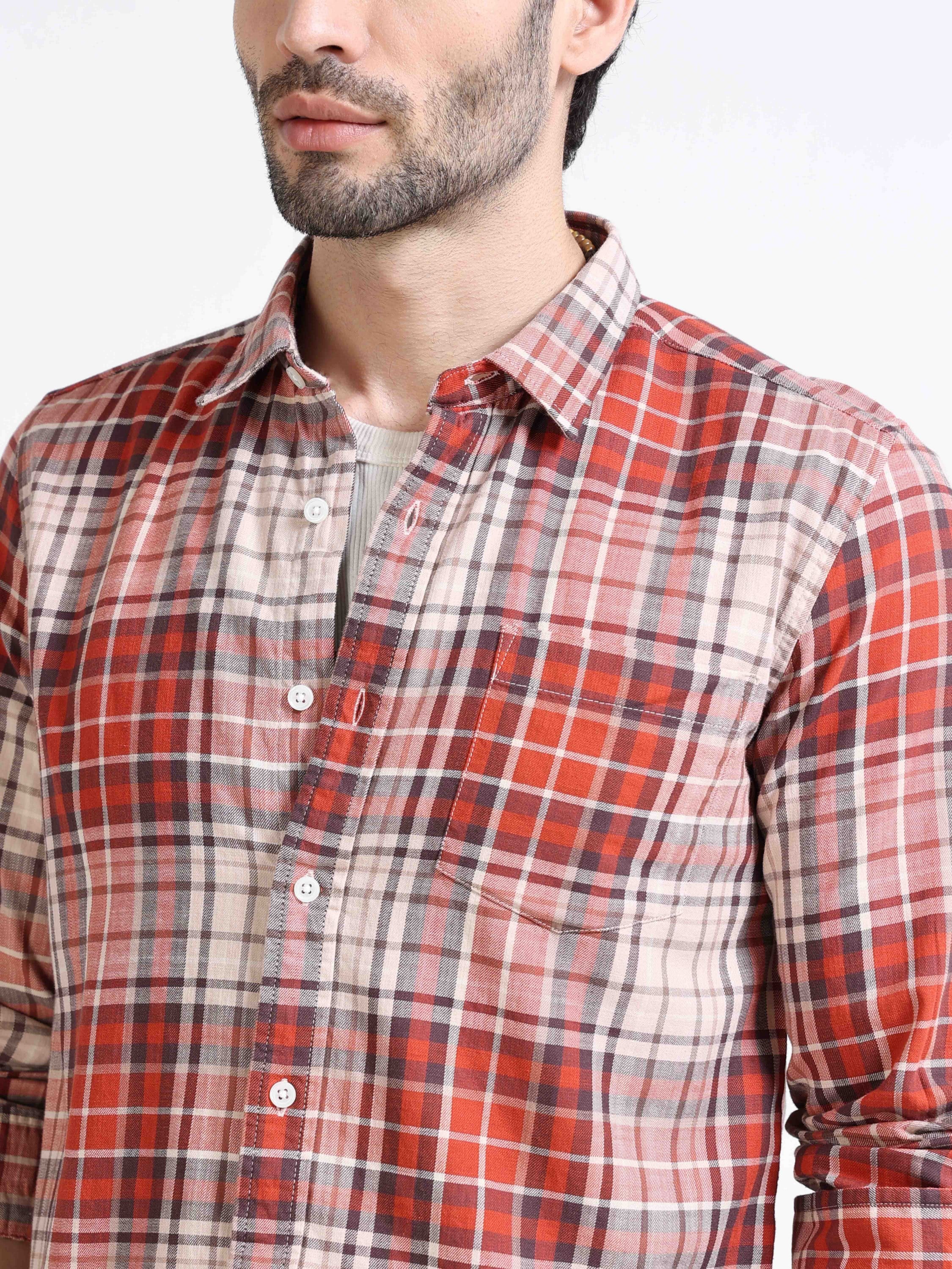 Men Orange Regular Fit Check Shirt