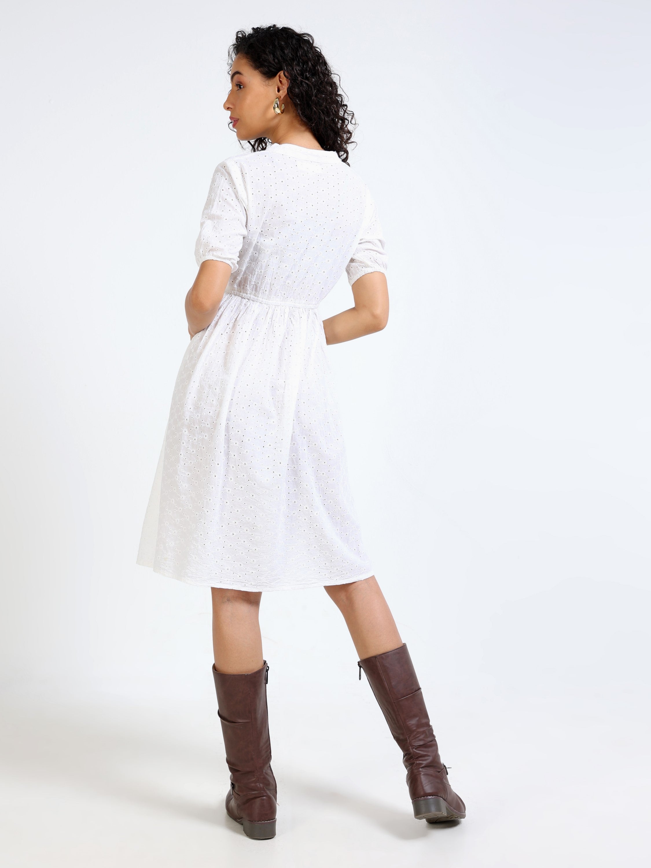 Women White Shiffli Midi Dress