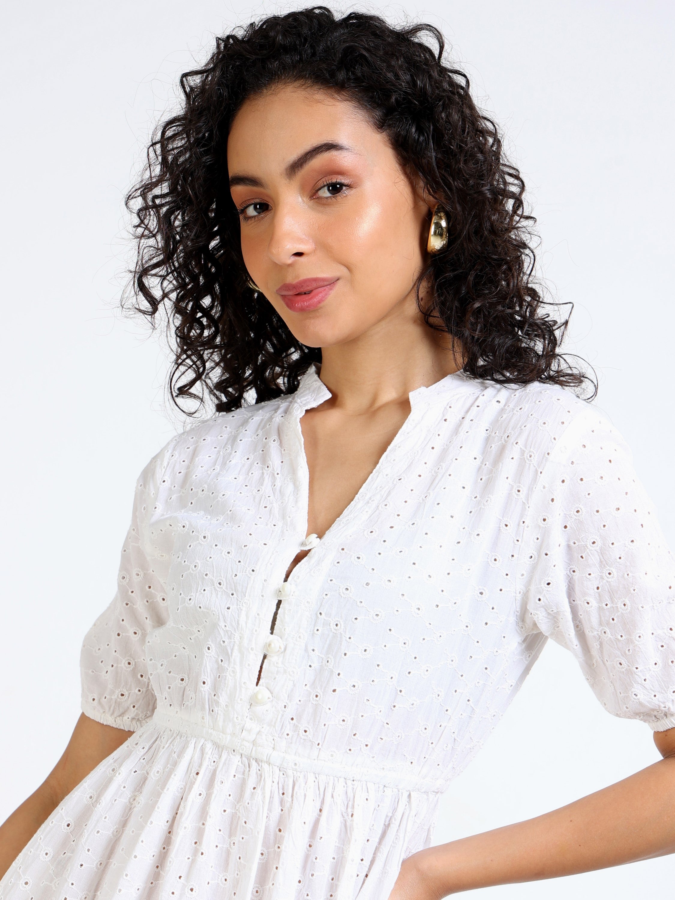 Women White Shiffli Midi Dress