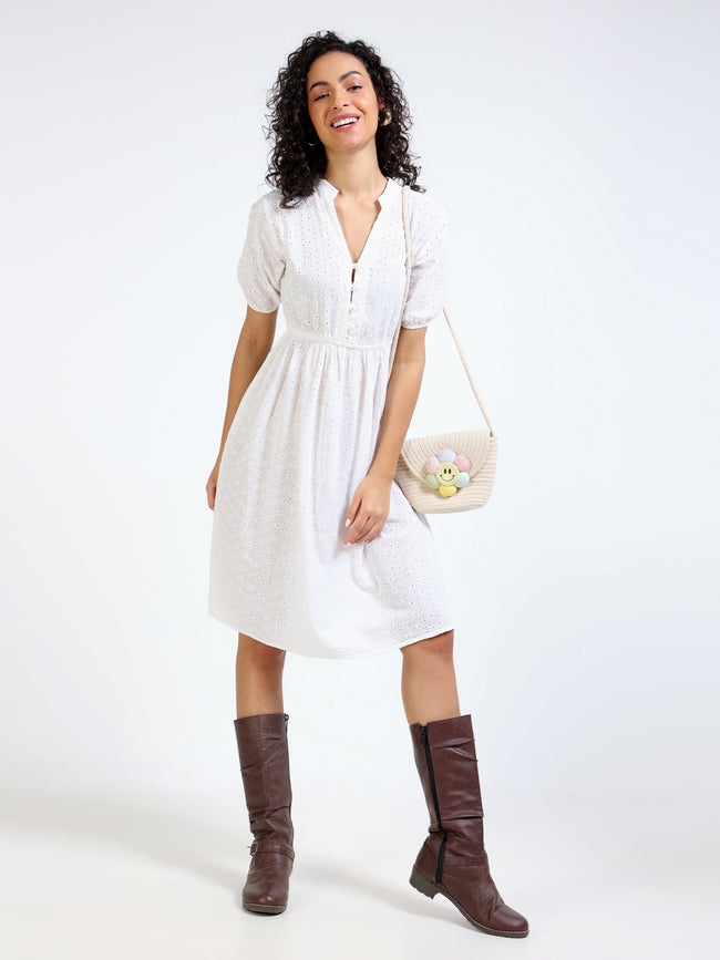 Women White Shiffli Midi Dress