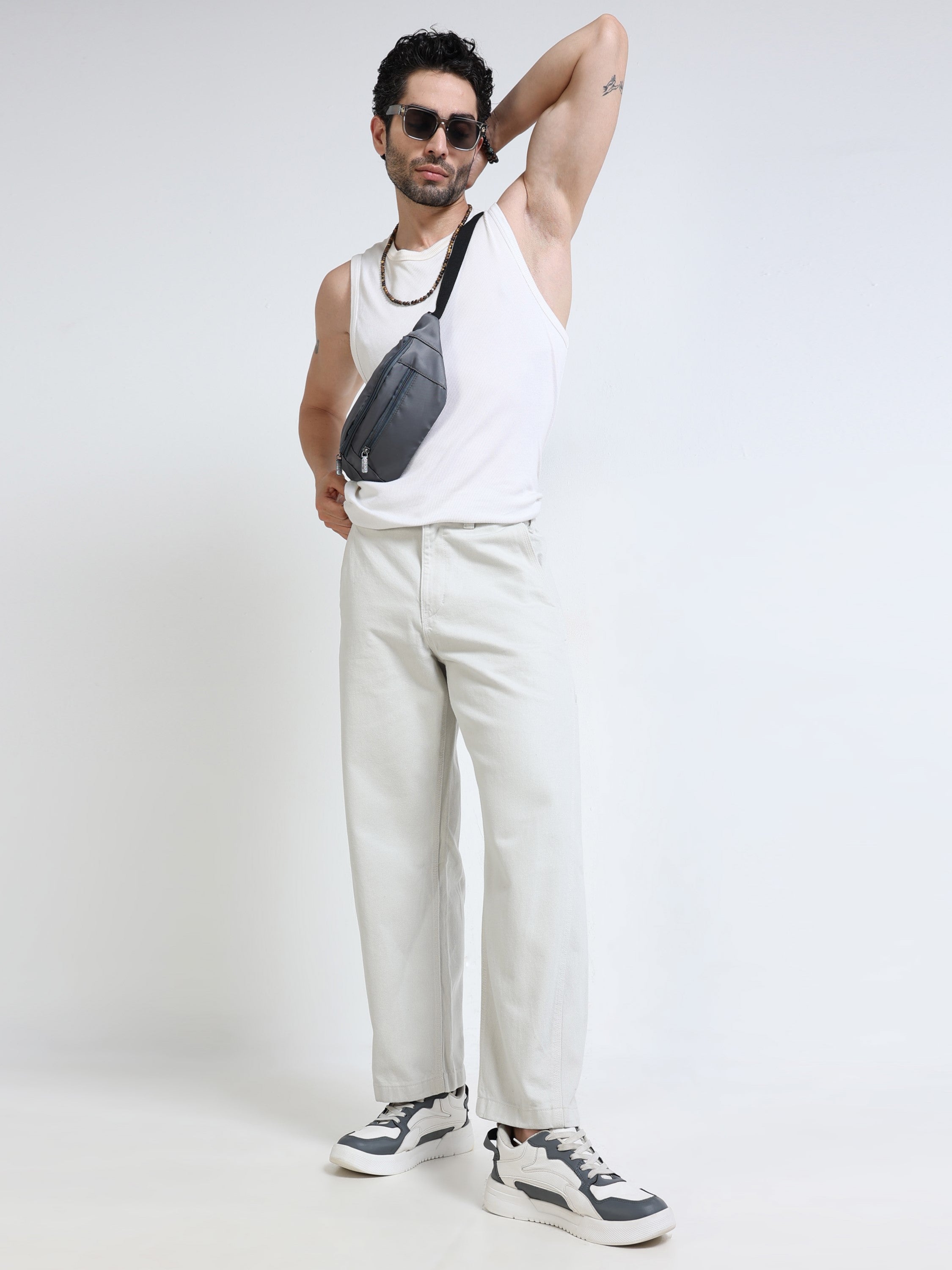 Men Baggy Cream Denim Jeans