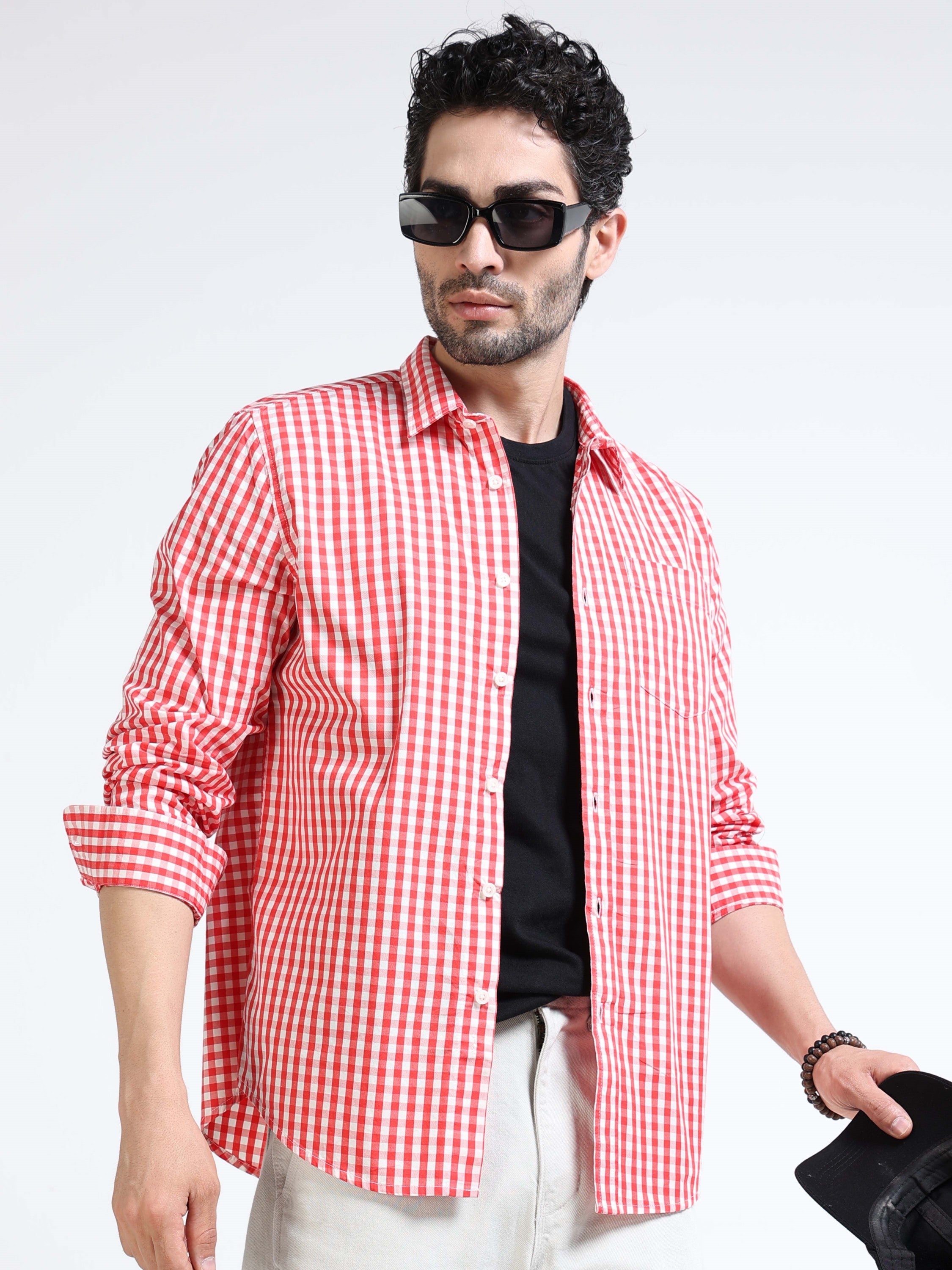 Men Red & White Plaid Regular Fit Shirt