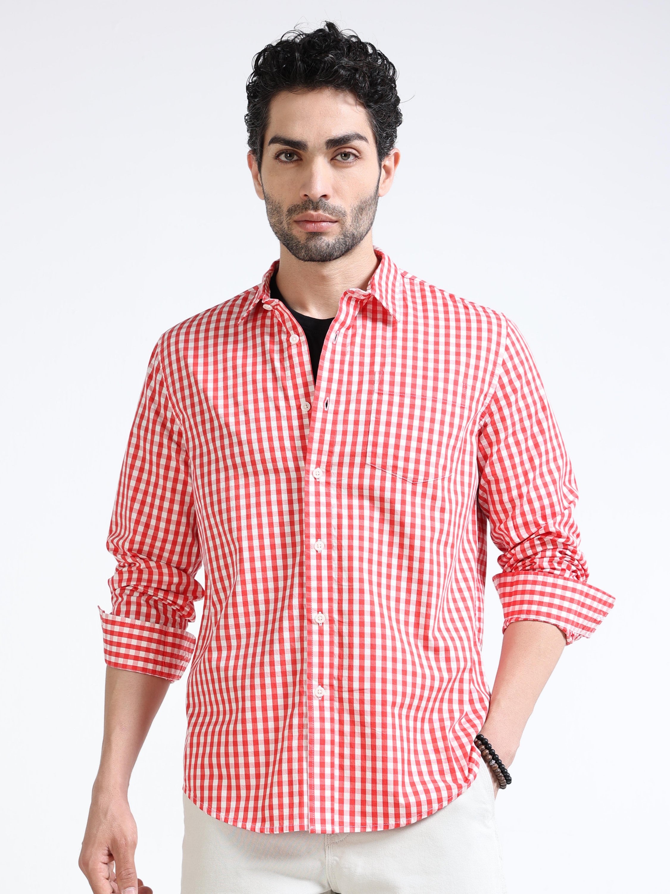 Men Red & White Plaid Regular Fit Shirt