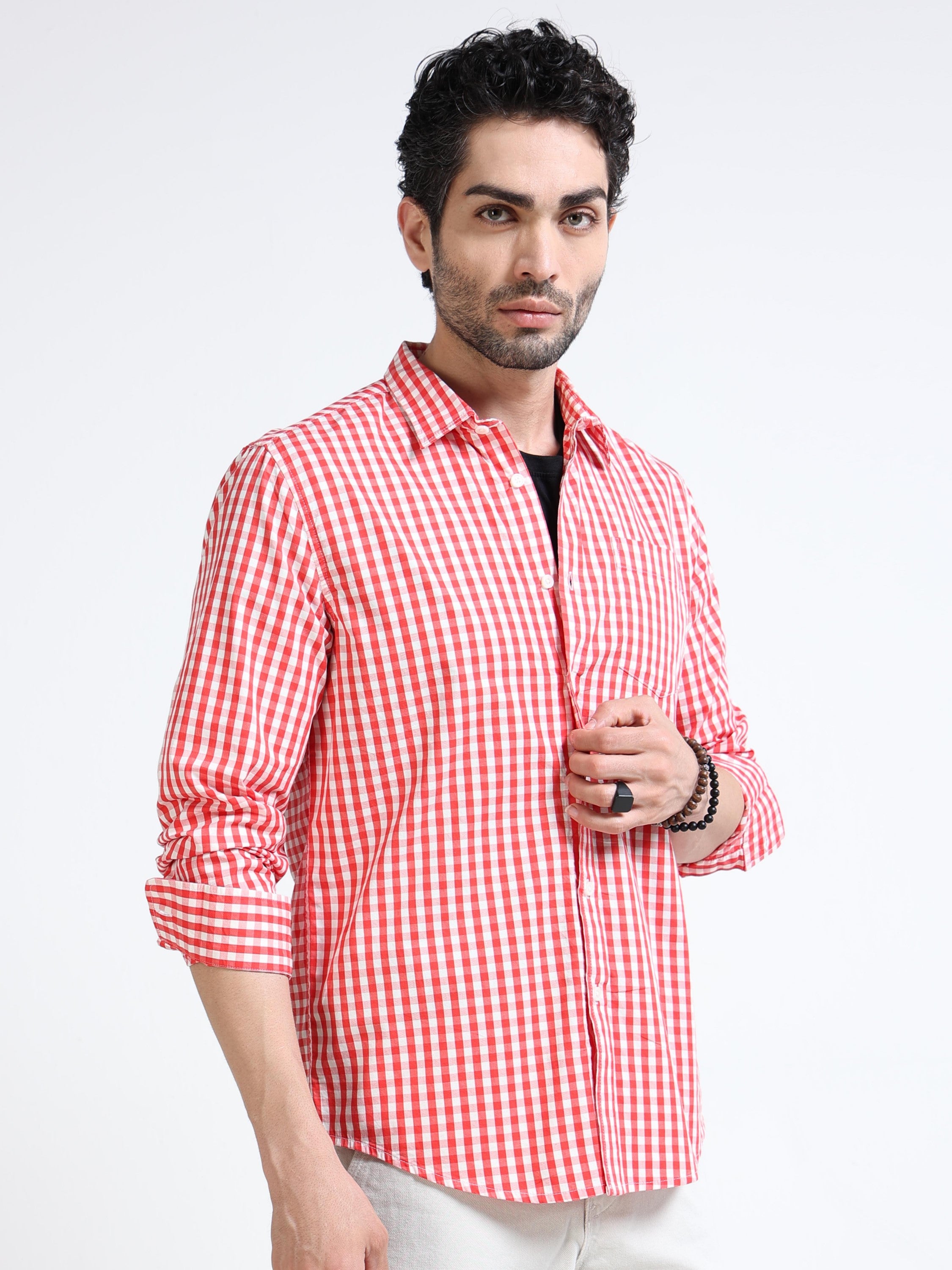 Men Red & White Plaid Regular Fit Shirt