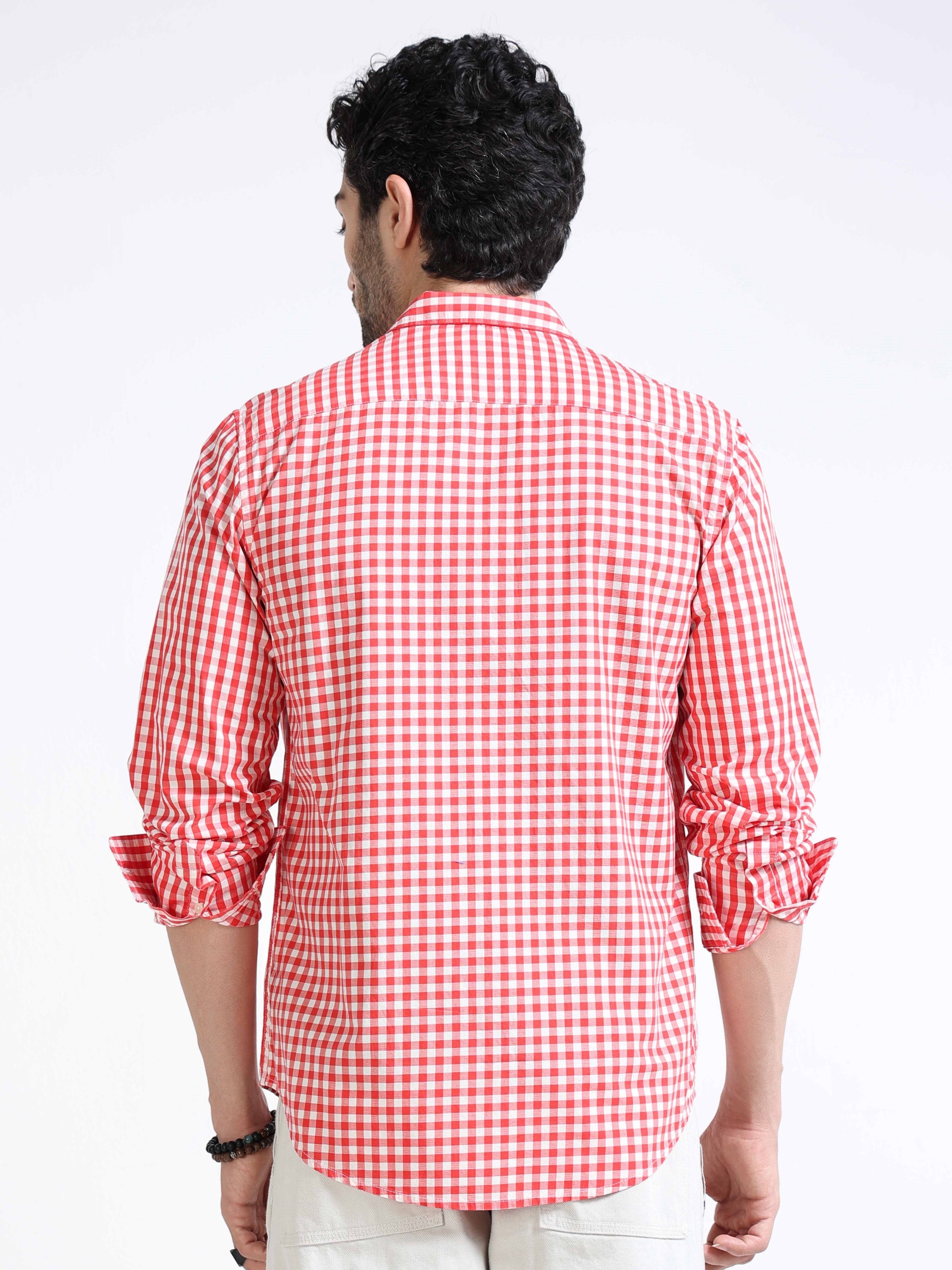 Men Red & White Plaid Regular Fit Shirt