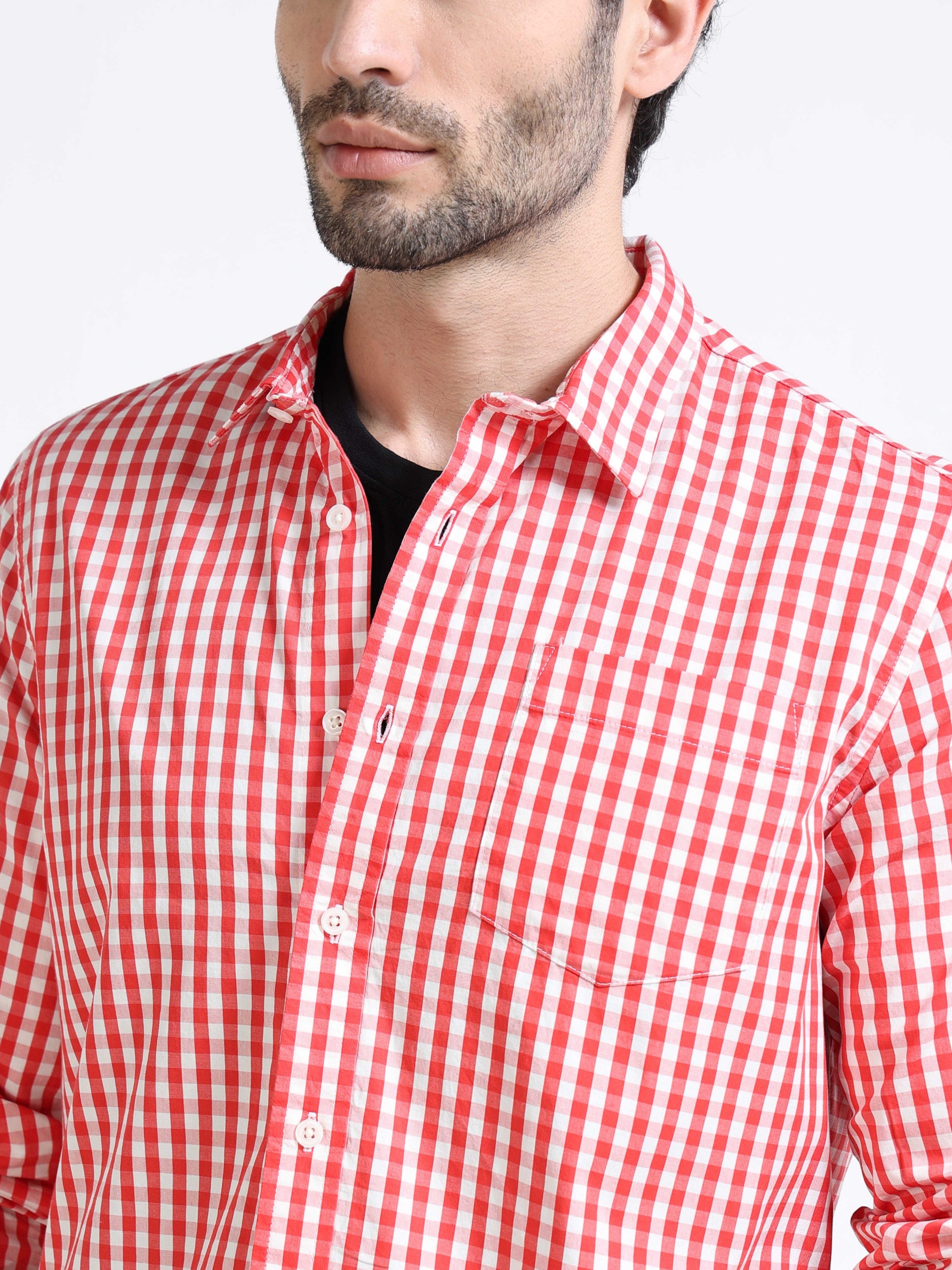 Men Red & White Plaid Regular Fit Shirt