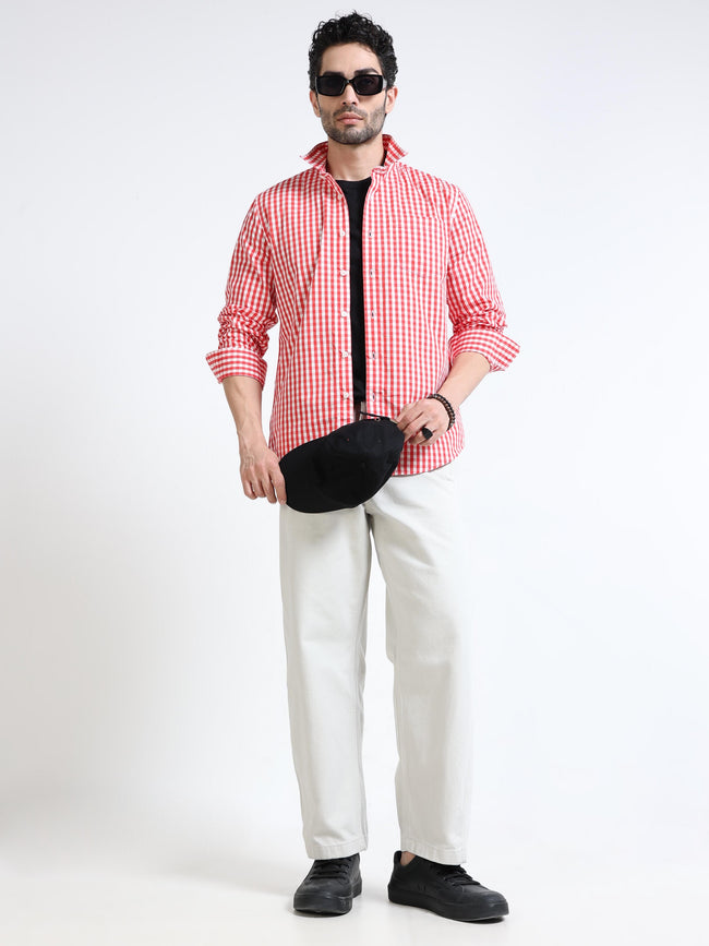 Men Red & White Plaid Regular Fit Shirt