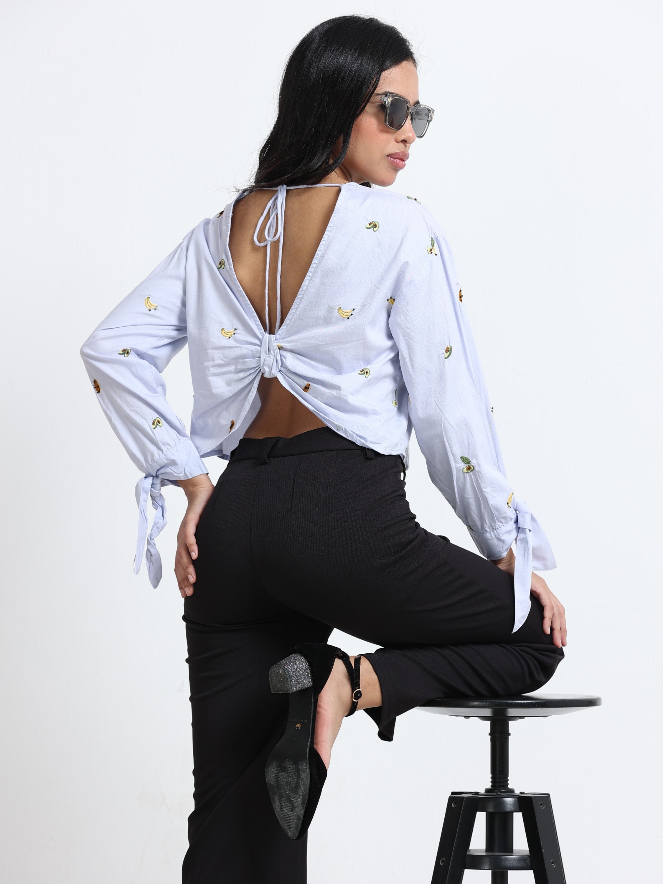 Women Fruit Embroidered Cutout Back Long Sleeve Top