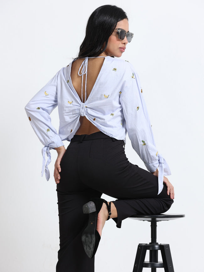 Women Fruit Embroidered Cutout Back Long Sleeve Top