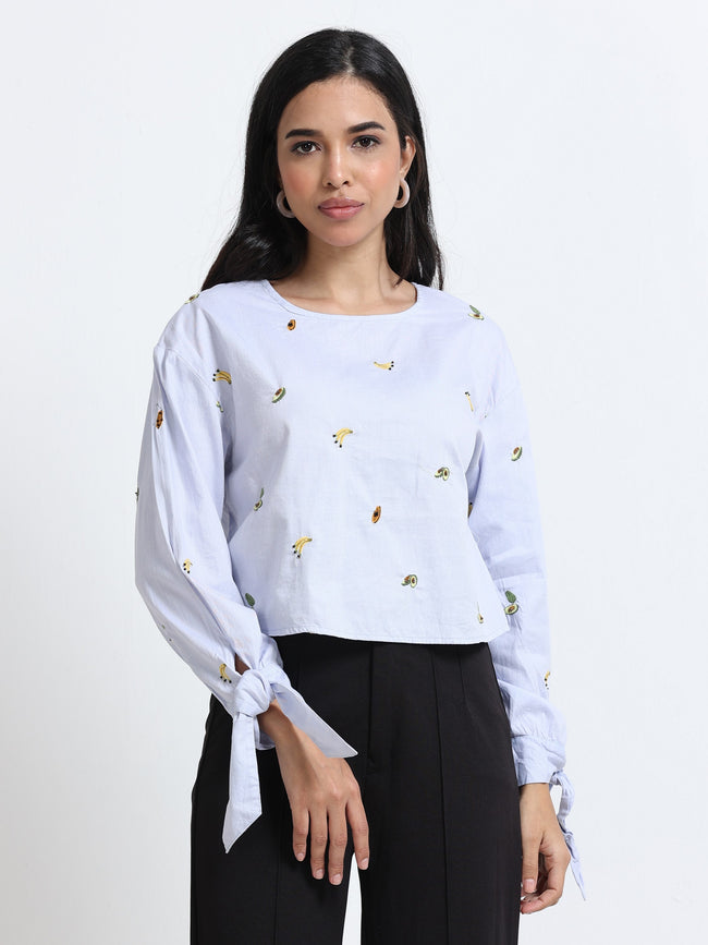 Women Fruit Embroidered Cutout Back Long Sleeve Top