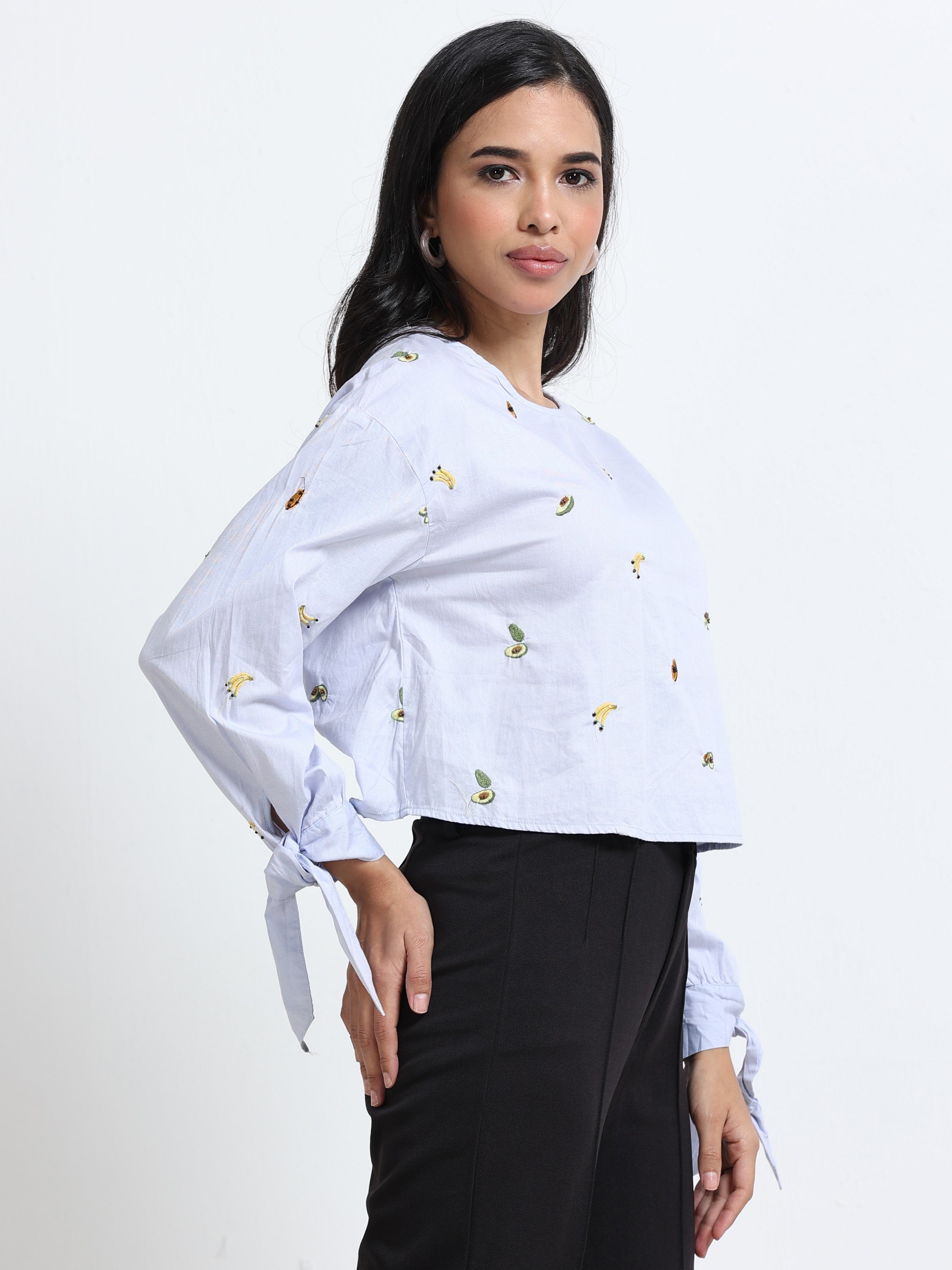 Women Fruit Embroidered Cutout Back Long Sleeve Top
