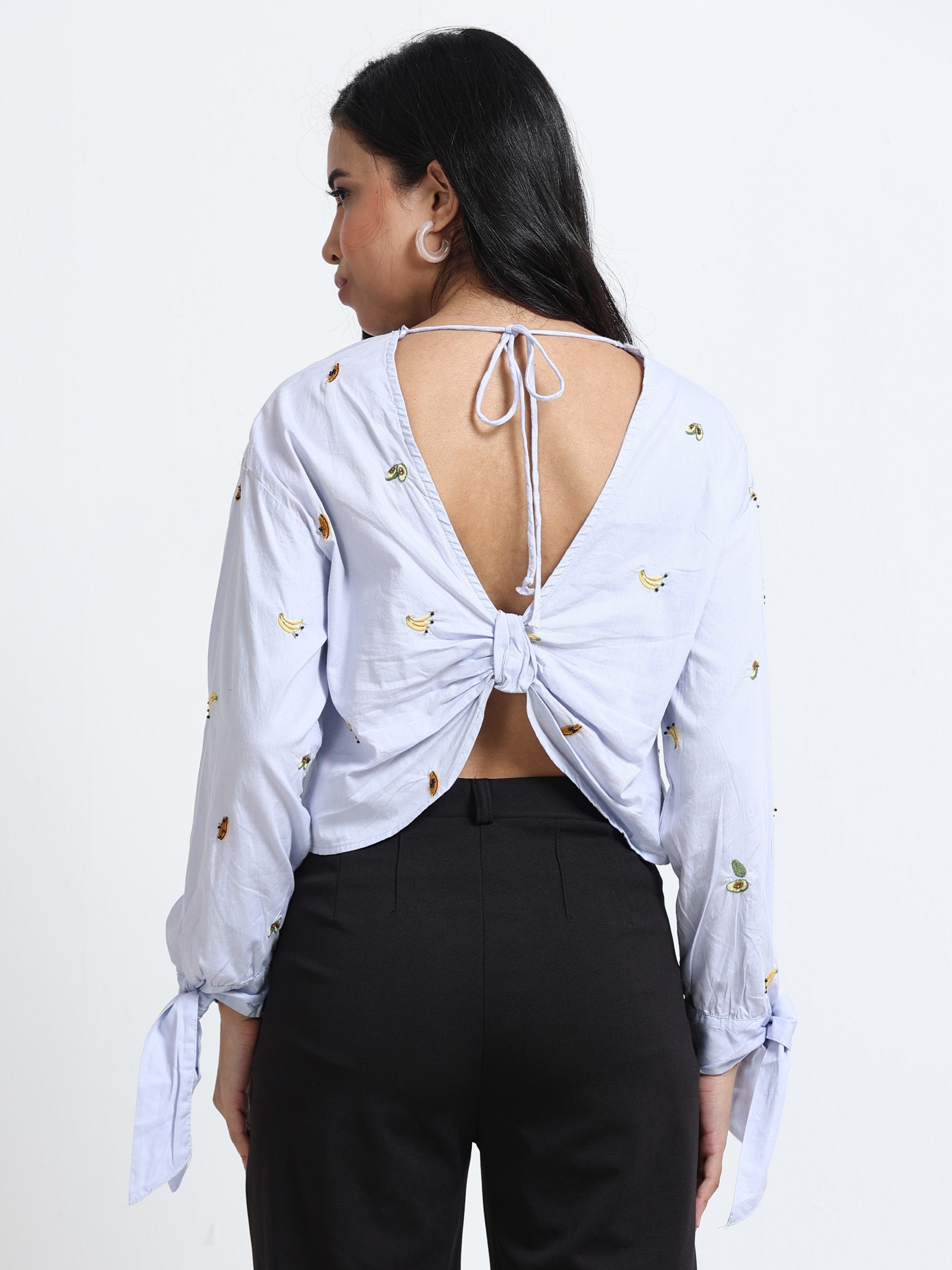 Women Fruit Embroidered Cutout Back Long Sleeve Top