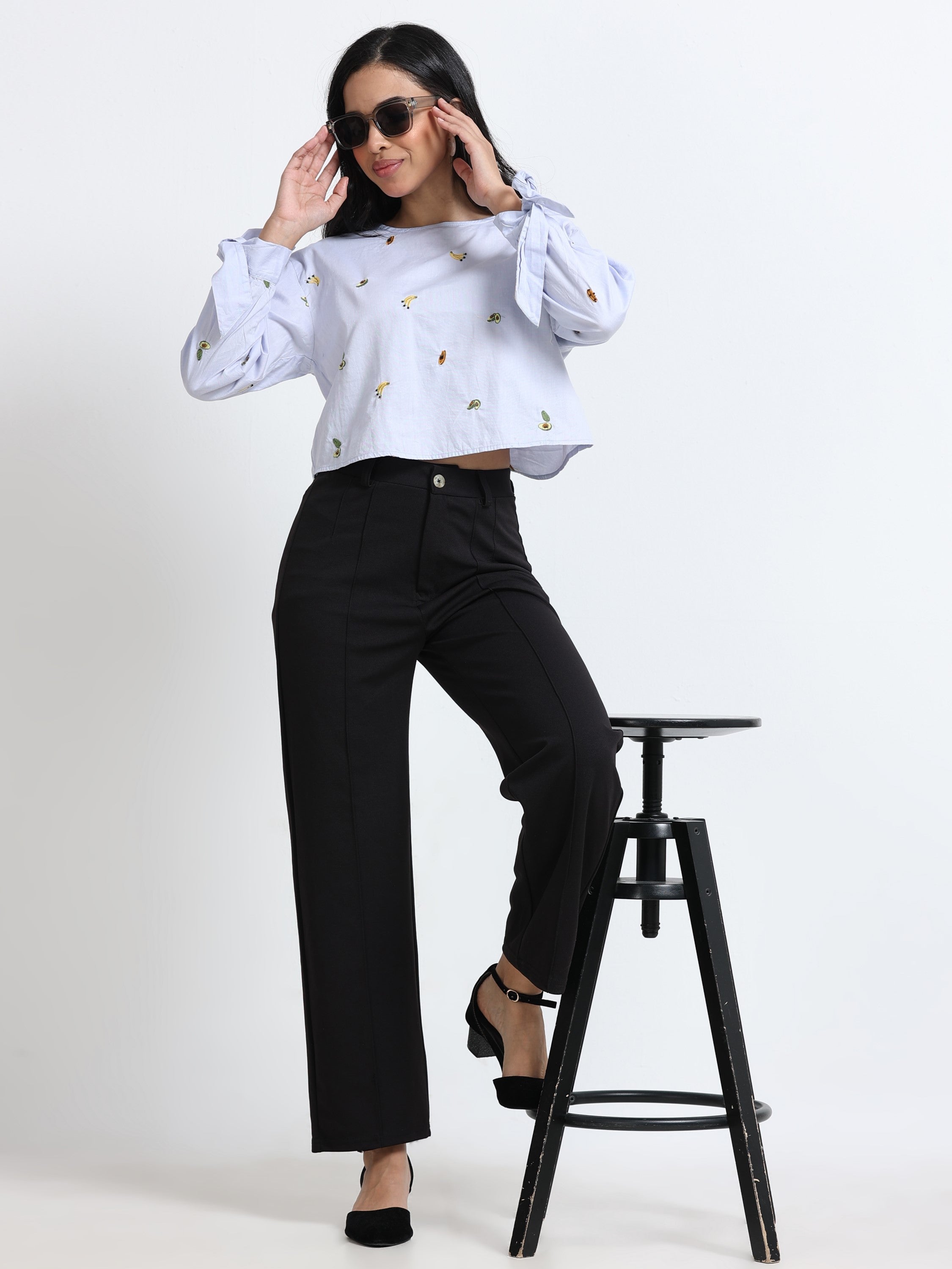 Women Fruit Embroidered Cutout Back Long Sleeve Top