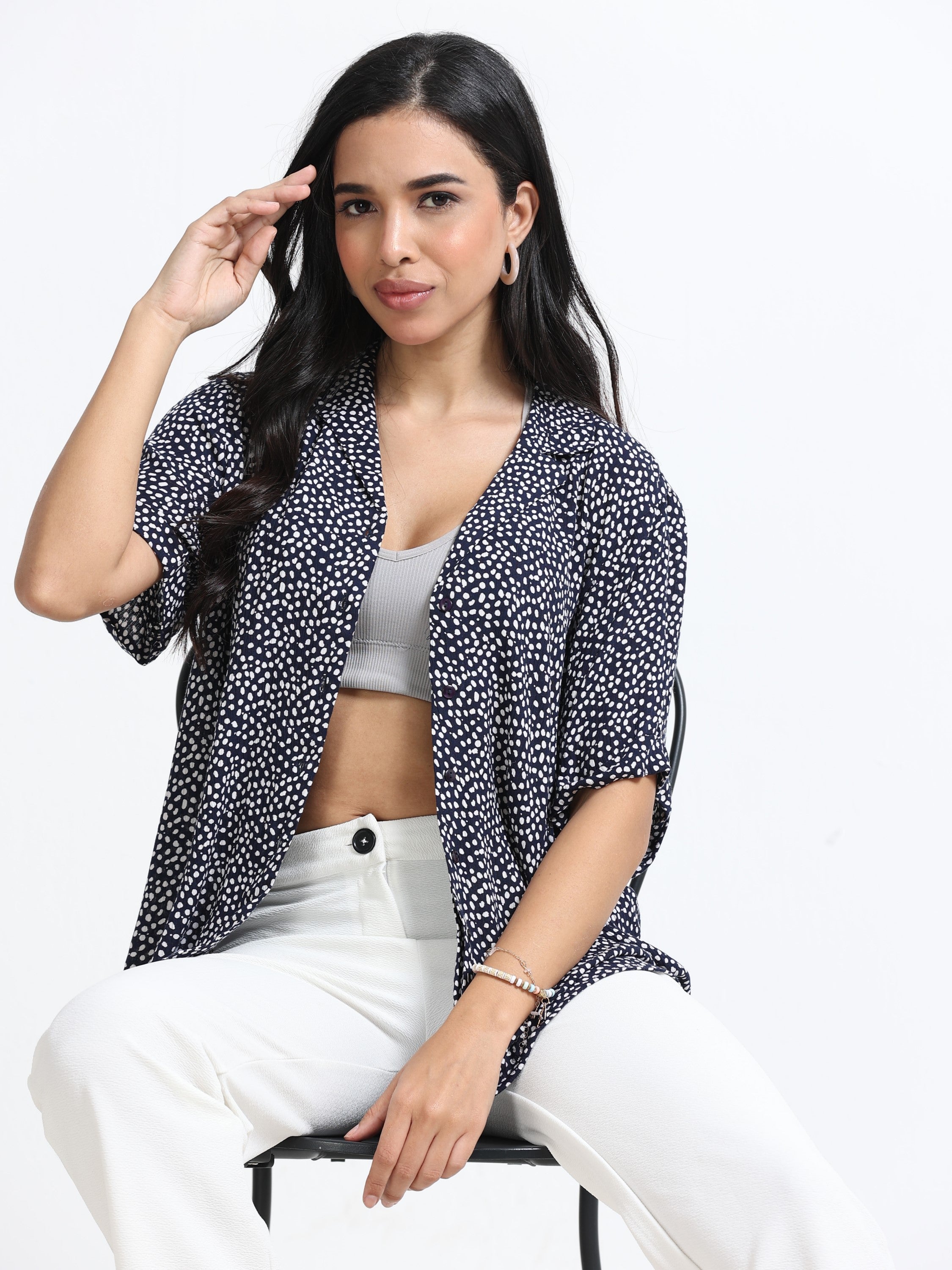 Women Elegant Navy Printed Shirt