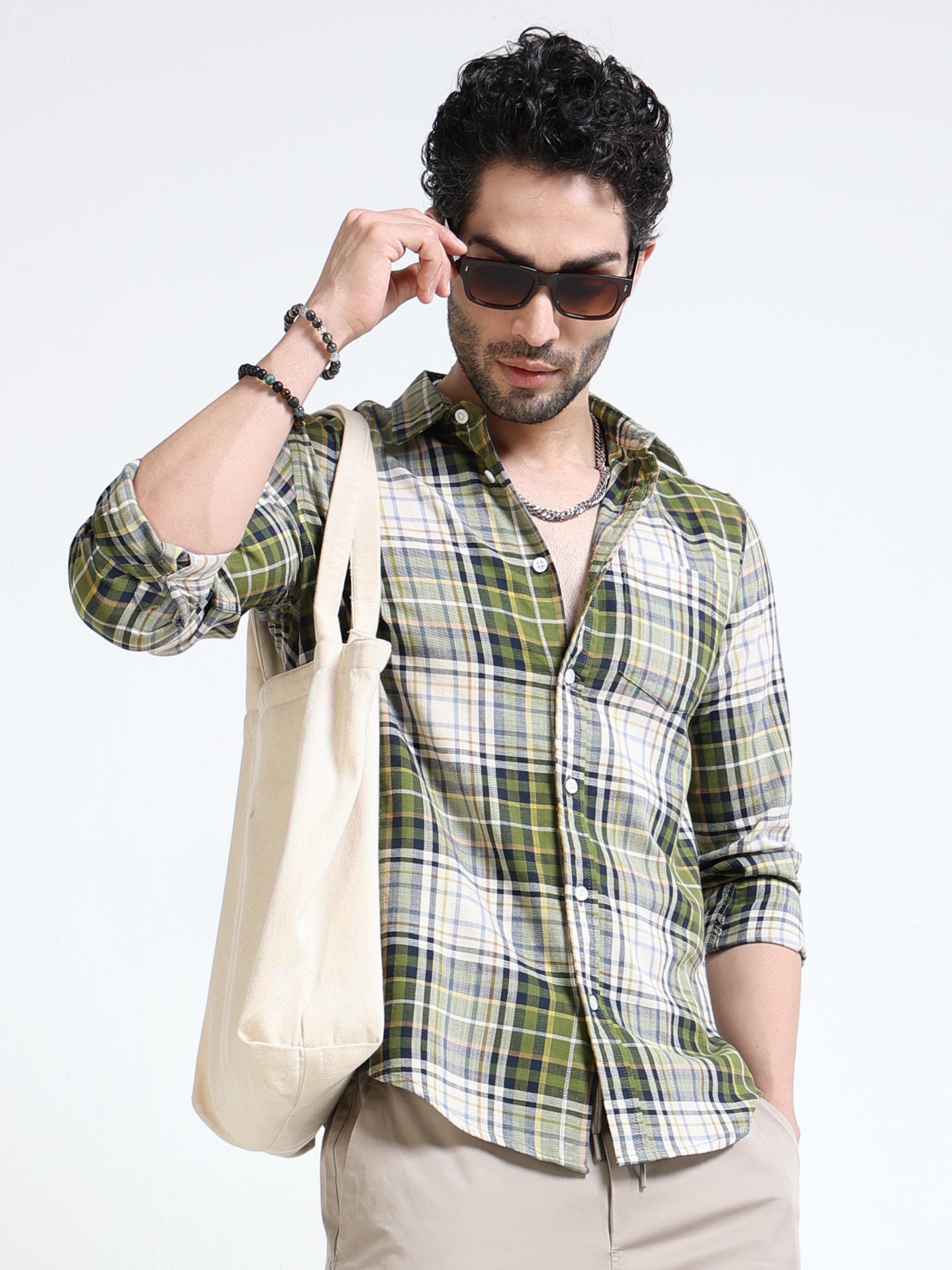 Men Olive Plaid Regular Fit Shirt