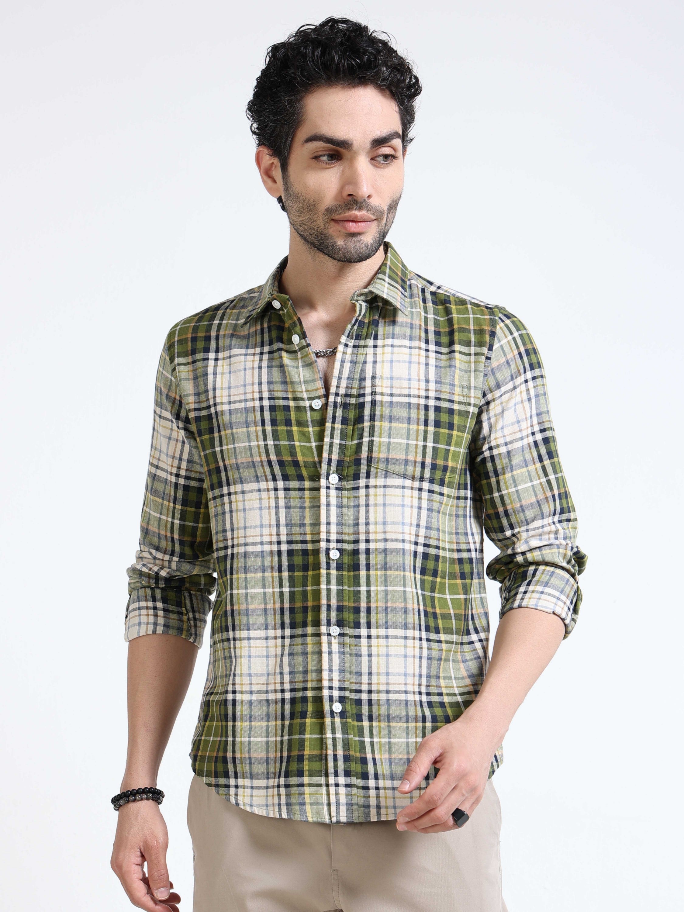 Men Olive Plaid Regular Fit Shirt