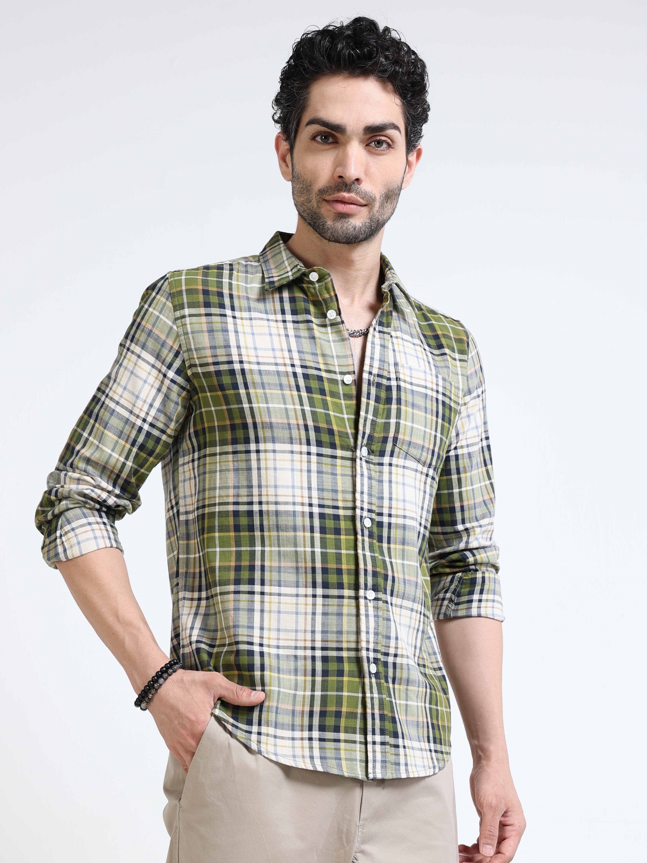 Men Olive Plaid Regular Fit Shirt