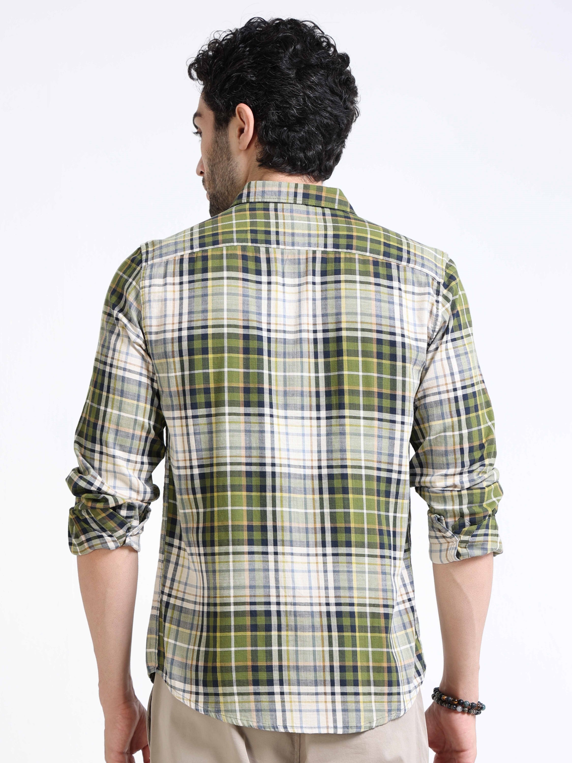 Men Olive Plaid Regular Fit Shirt