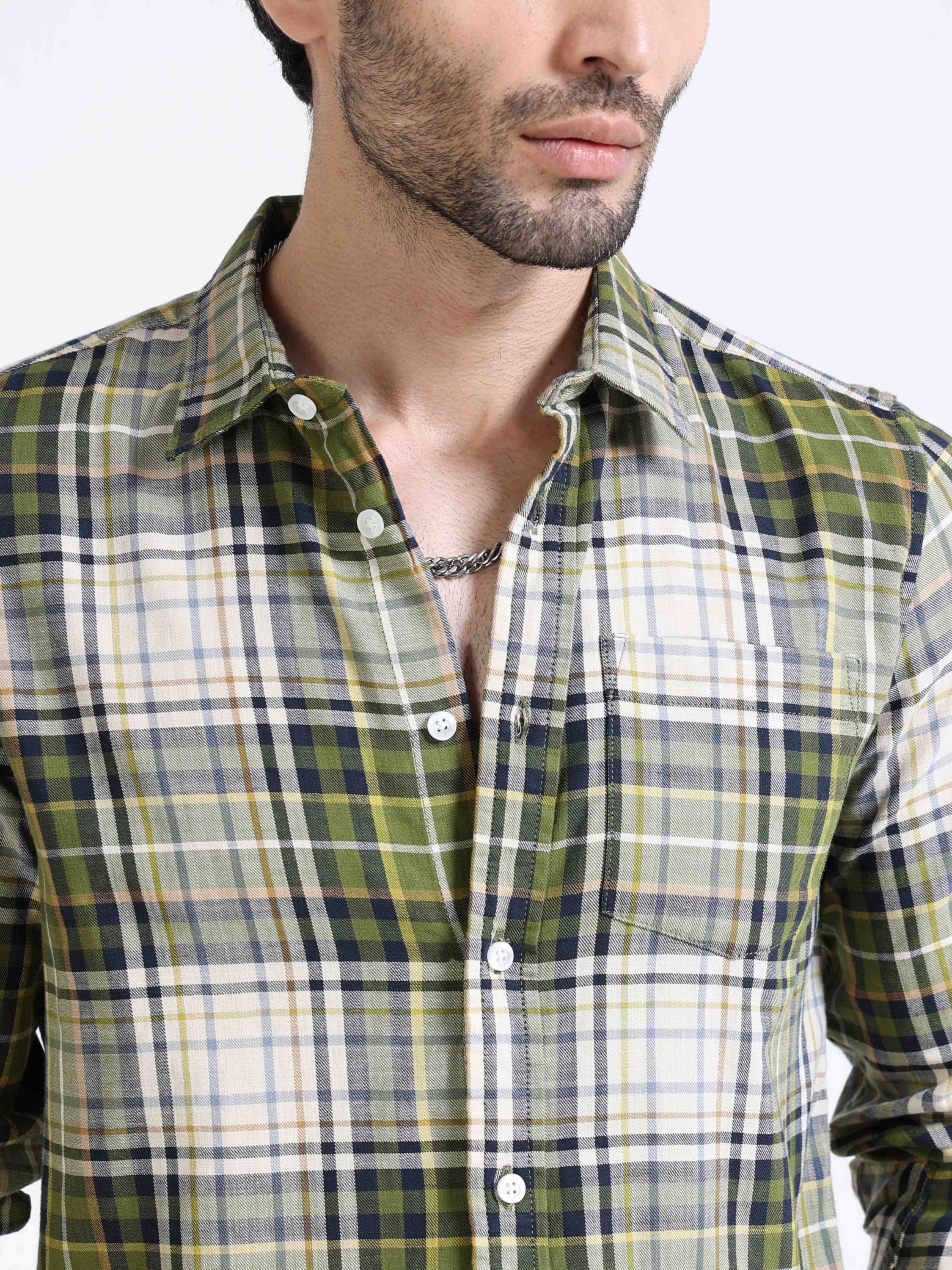 Men Olive Plaid Regular Fit Shirt