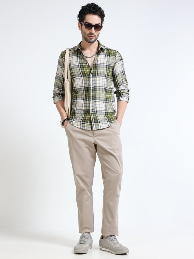 Men Olive Plaid Regular Fit Shirt