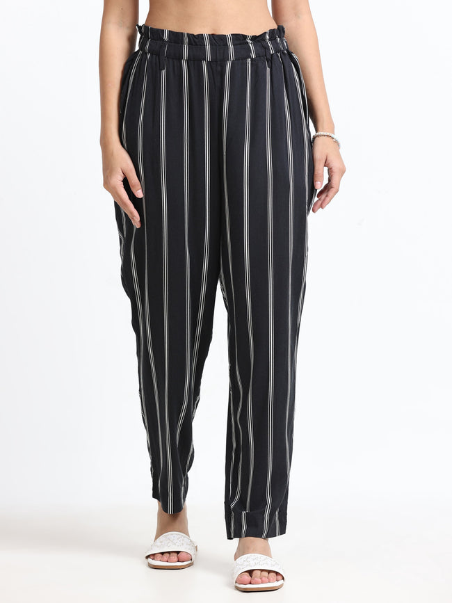 Women Black Regular Fit Striped Peg Trousers