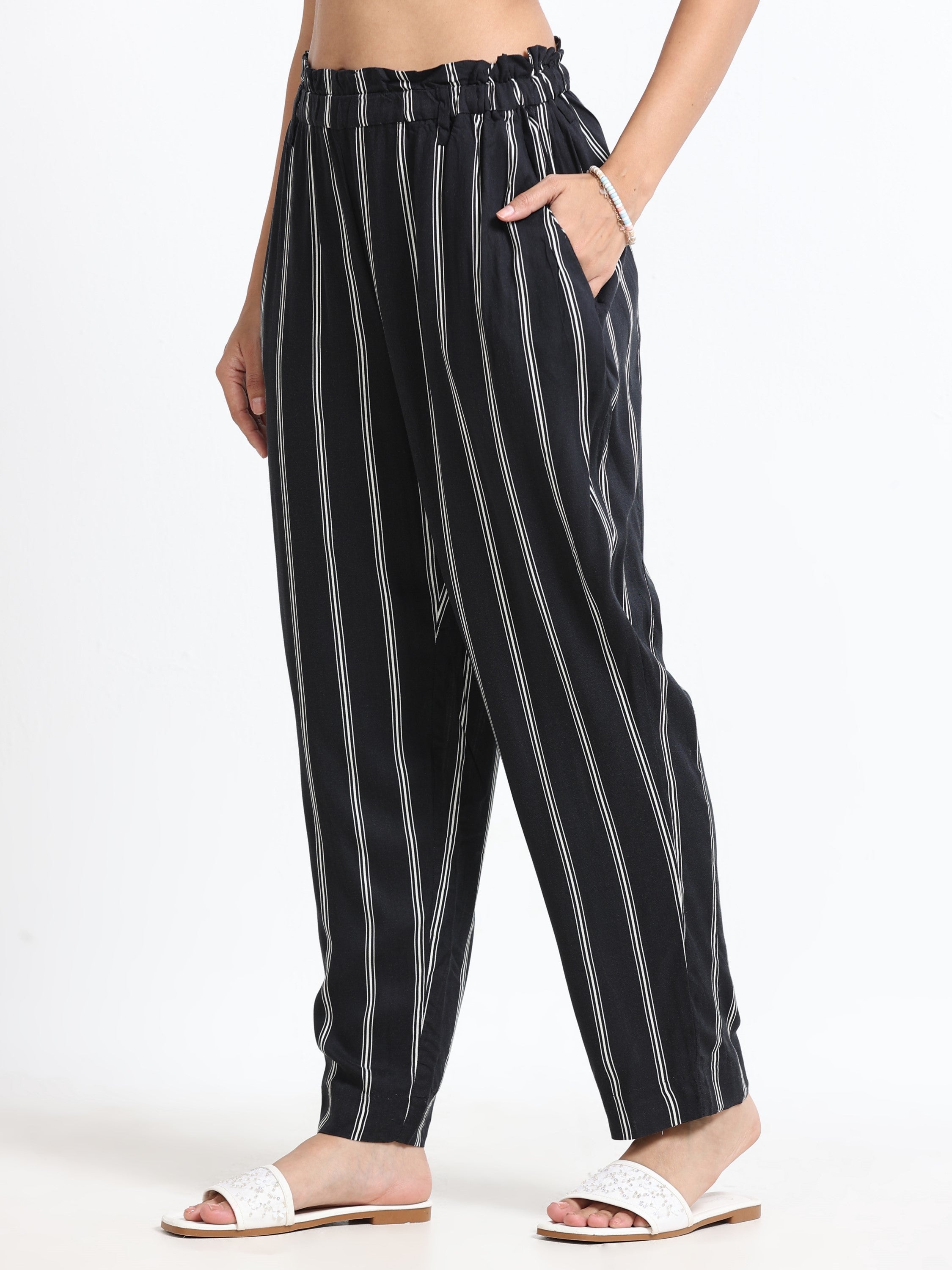 Women Black Regular Fit Striped Peg Trousers