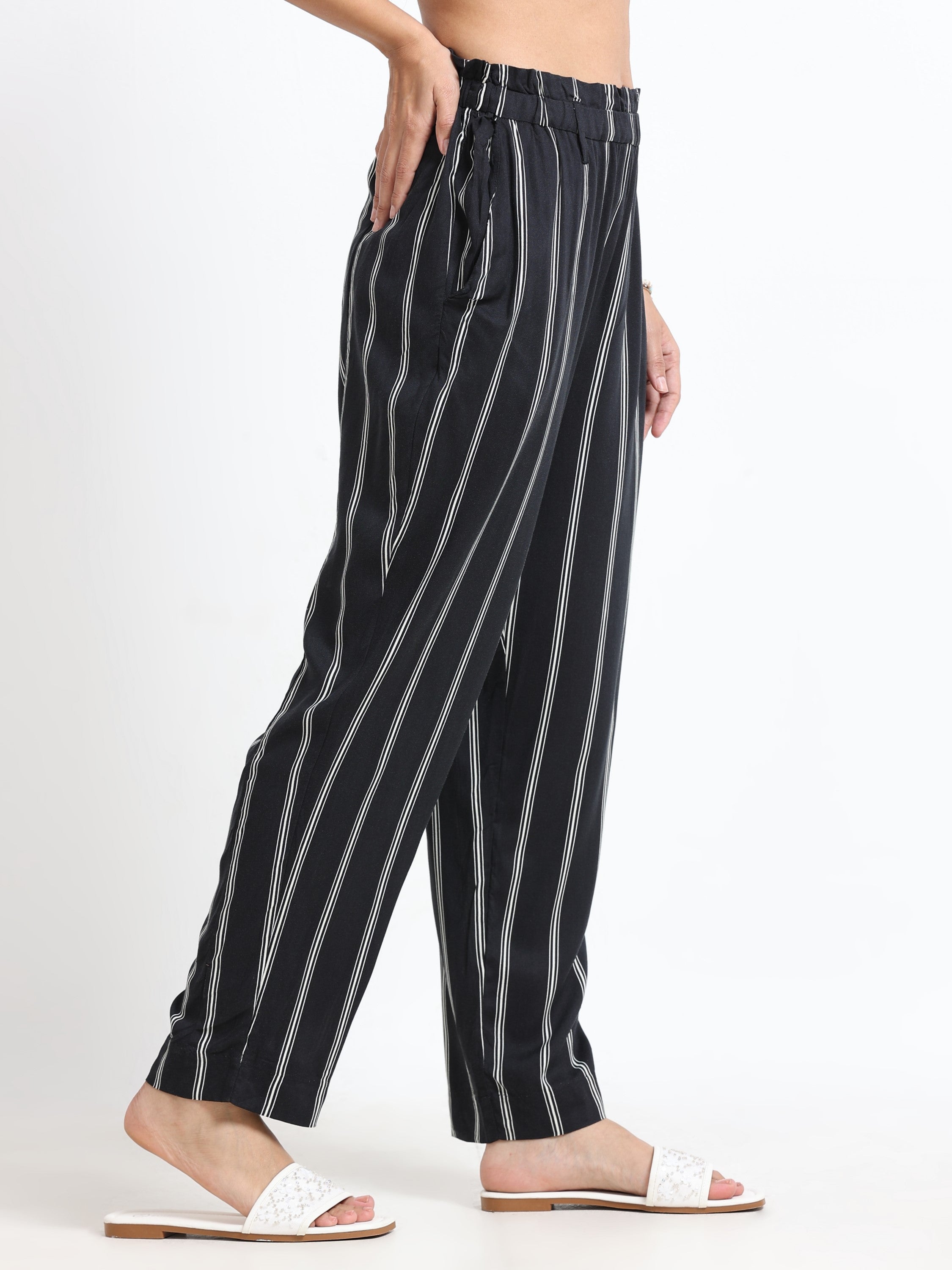 Women Black Regular Fit Striped Peg Trousers