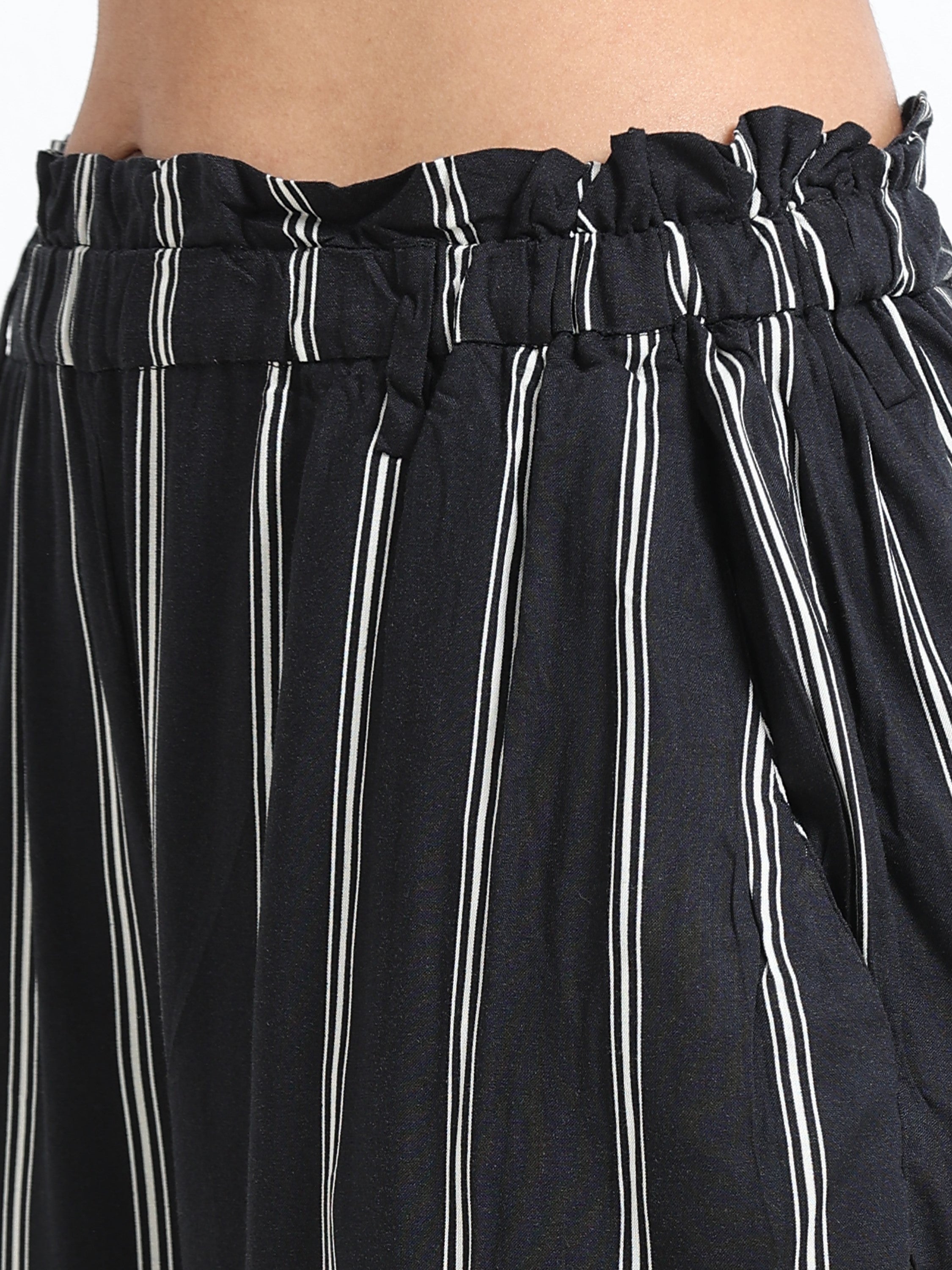 Women Black Regular Fit Striped Peg Trousers