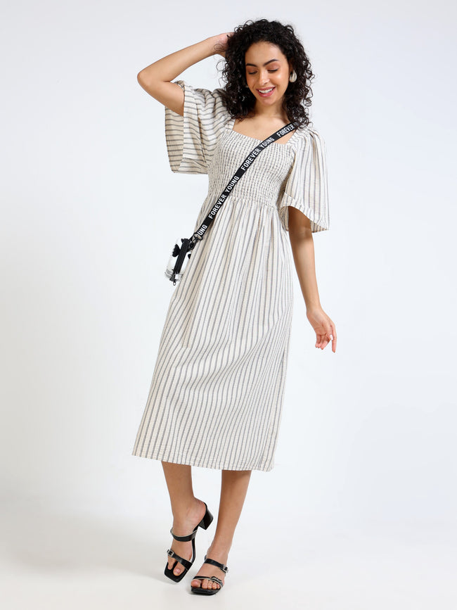 Women Beige Stripe Maxi Dress