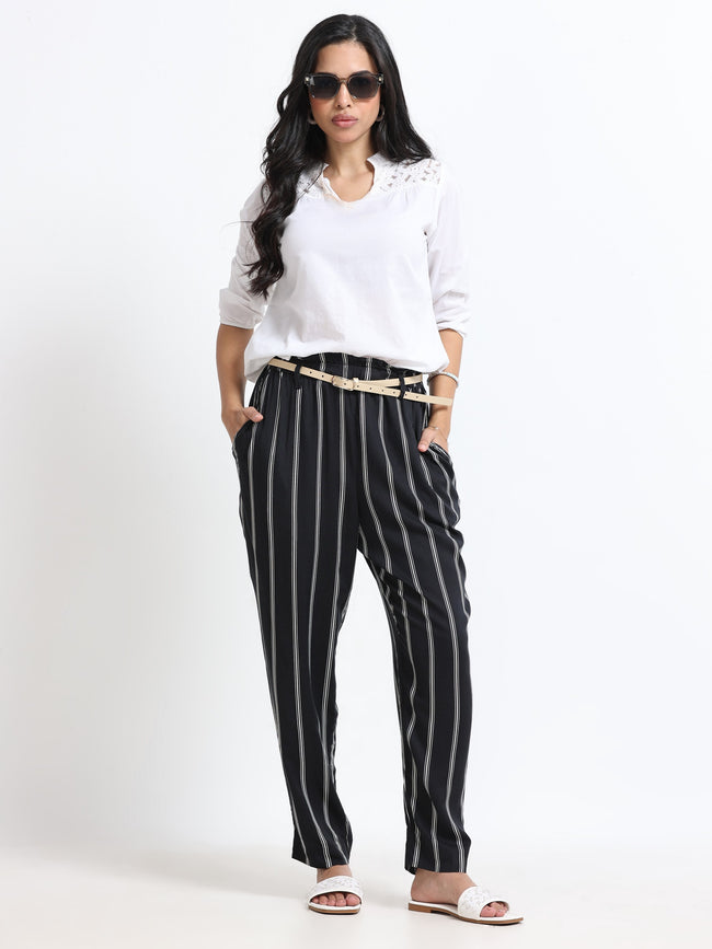 Women Black Regular Fit Striped Peg Trousers