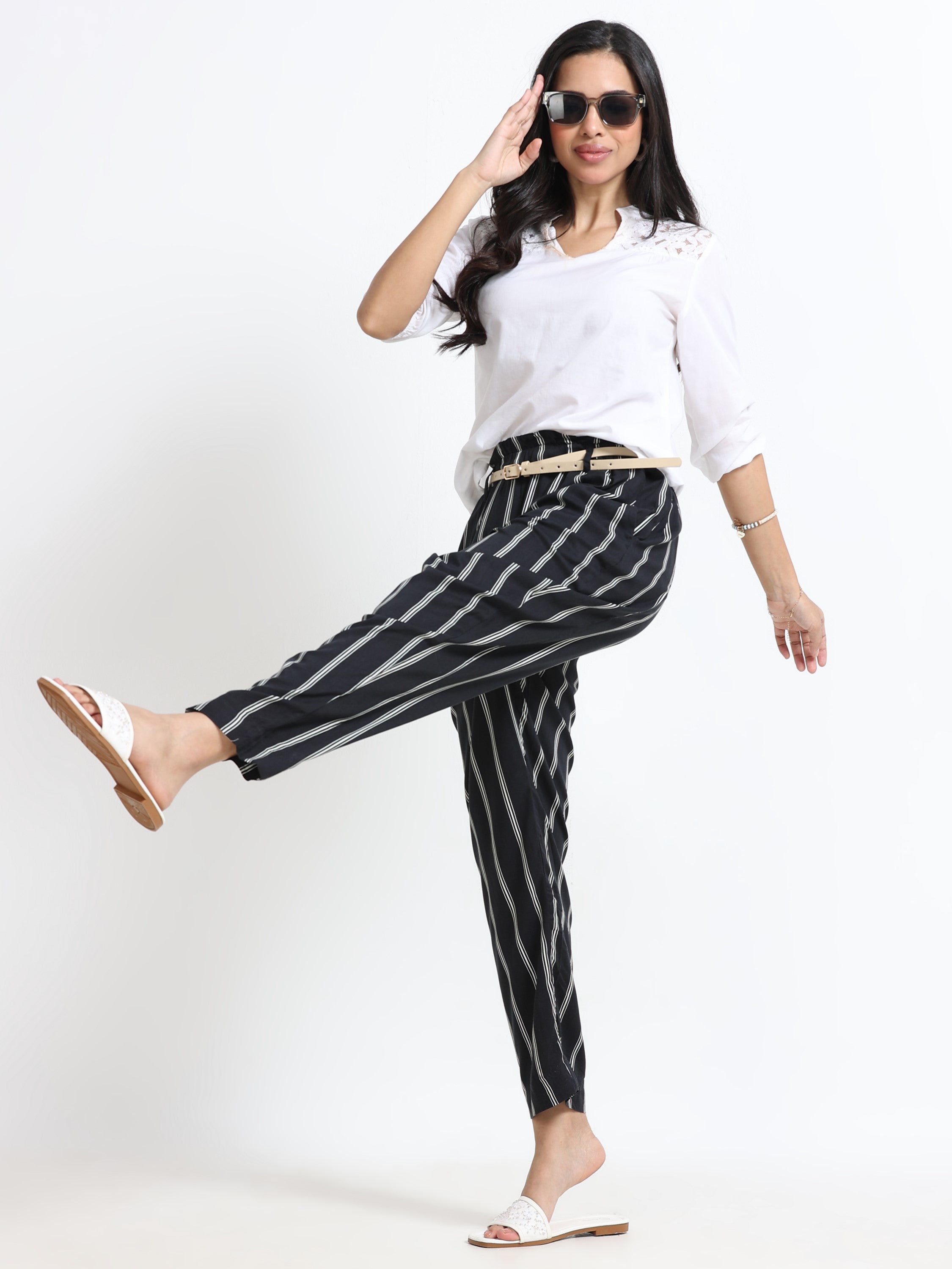 Women Black Regular Fit Striped Peg Trousers