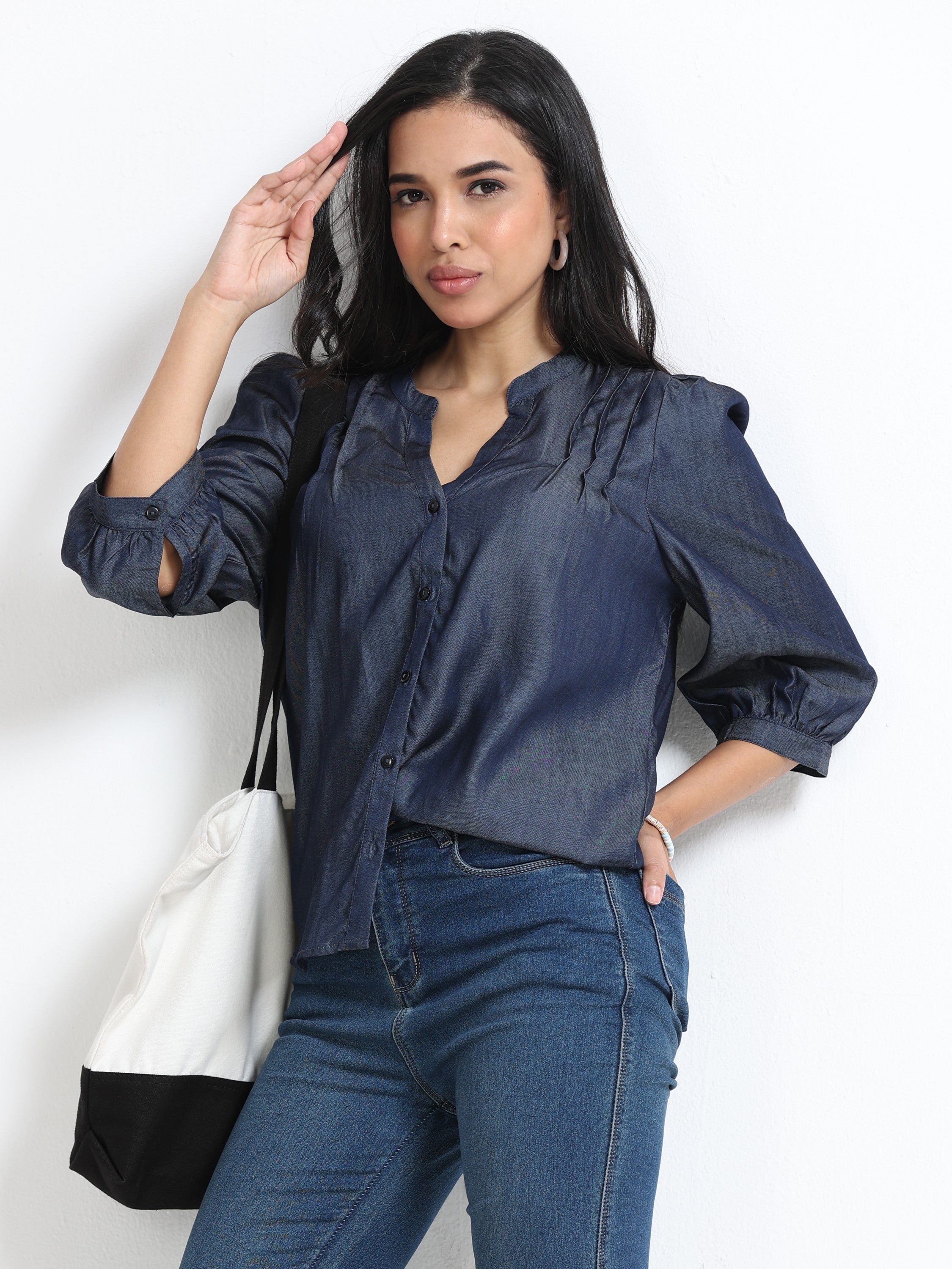 Women Denim Look Pintuck V-Neck Top