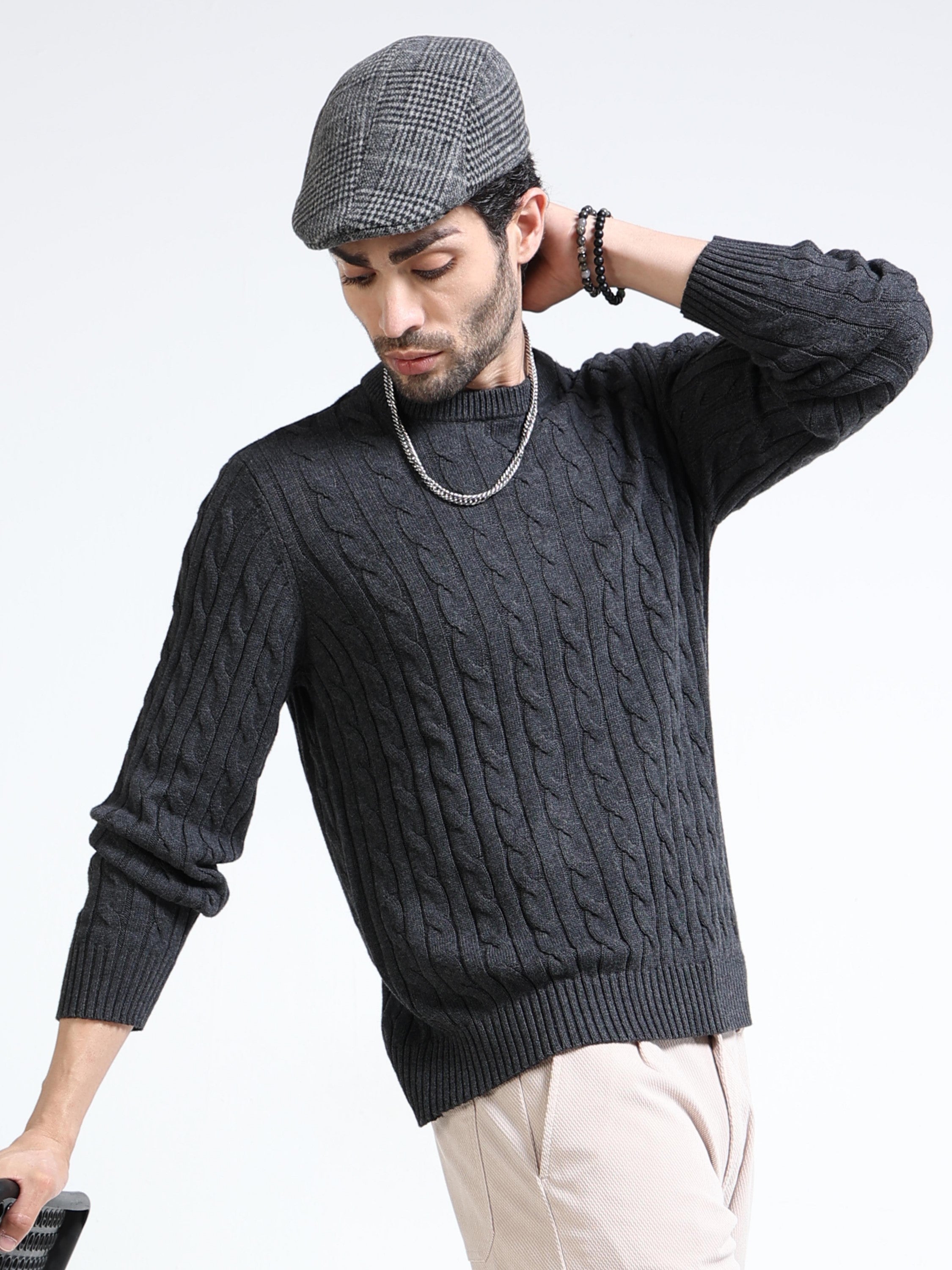 Men Grey Cable Knit Sweater