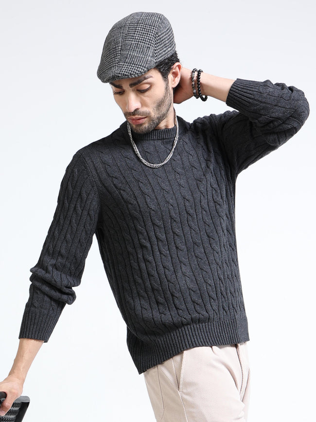 Men Grey Cable Knit Sweater