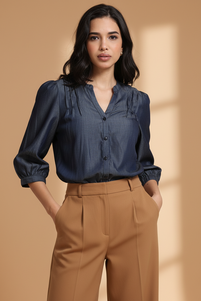 Women Denim Look Pintuck V-Neck Top