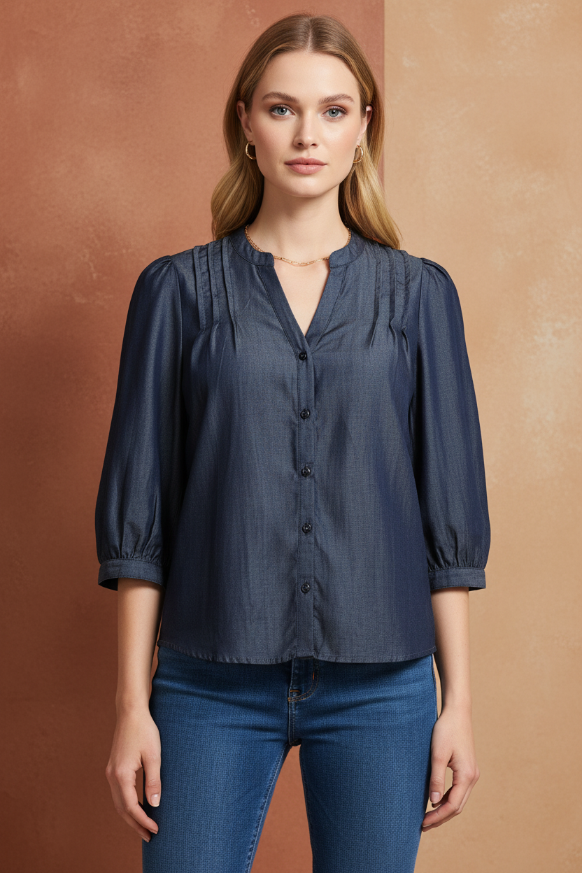 Women Denim Look Pintuck V-Neck Top