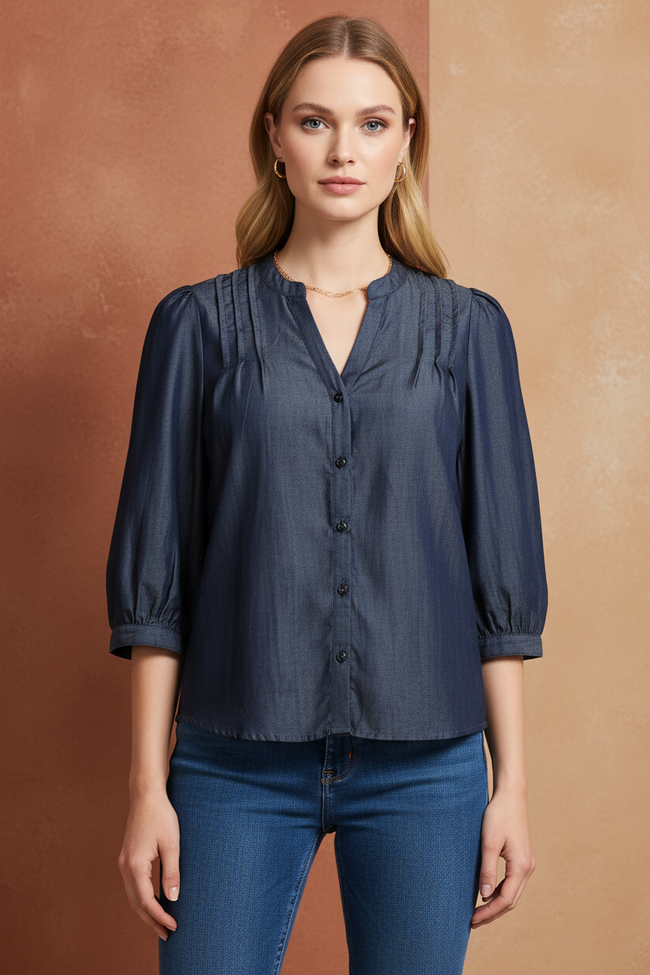 Women Denim Look Pintuck V-Neck Top